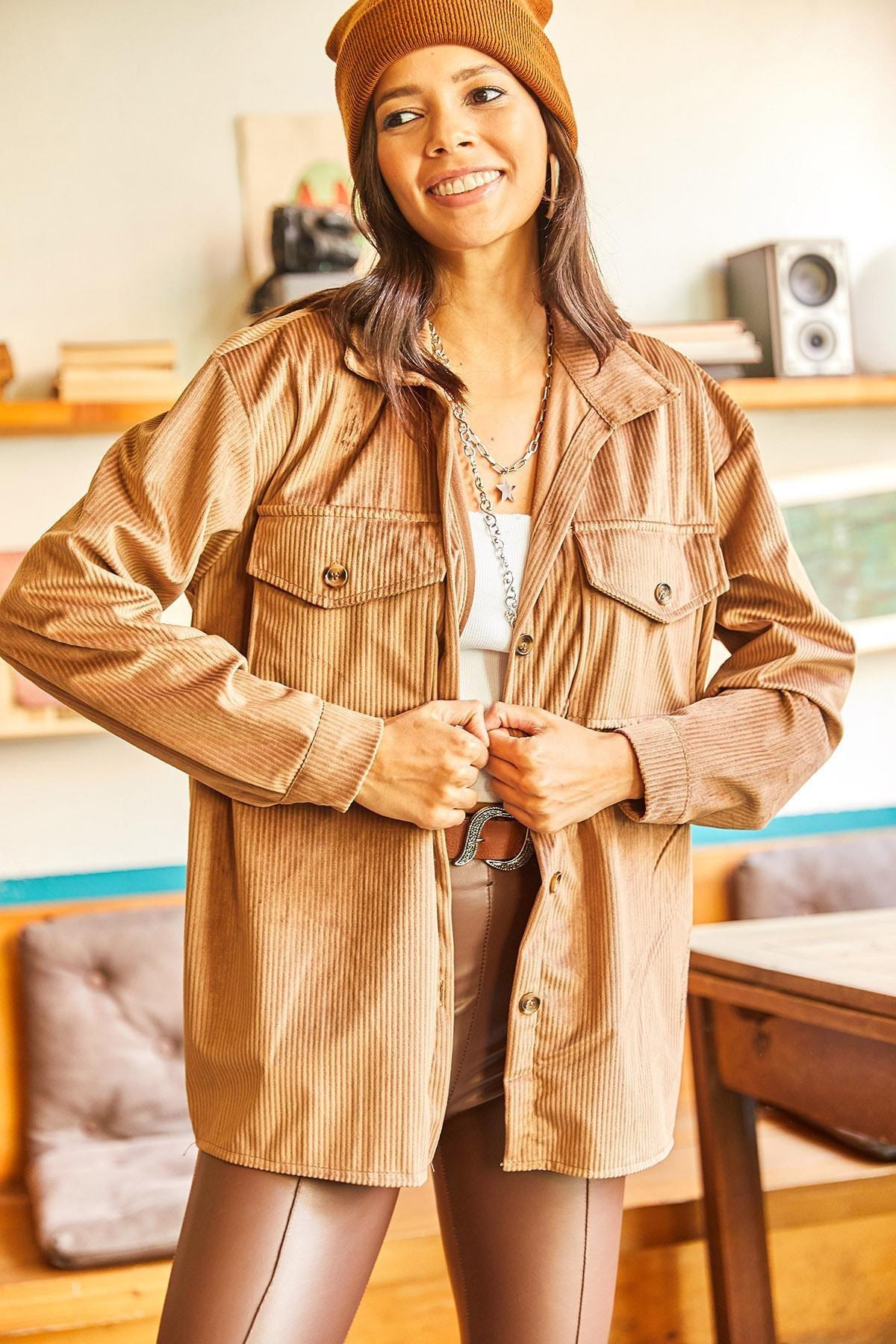 Brown Thick Ribbed Oversized Corduroy Shirt, , large image number 2