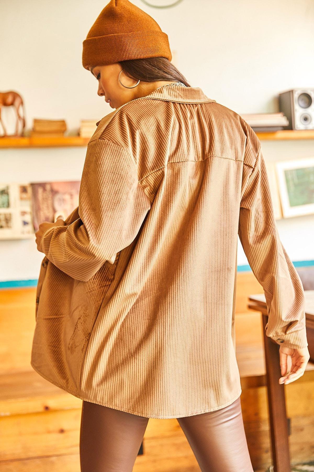 Brown Thick Ribbed Oversized Corduroy Shirt, , large image number 3