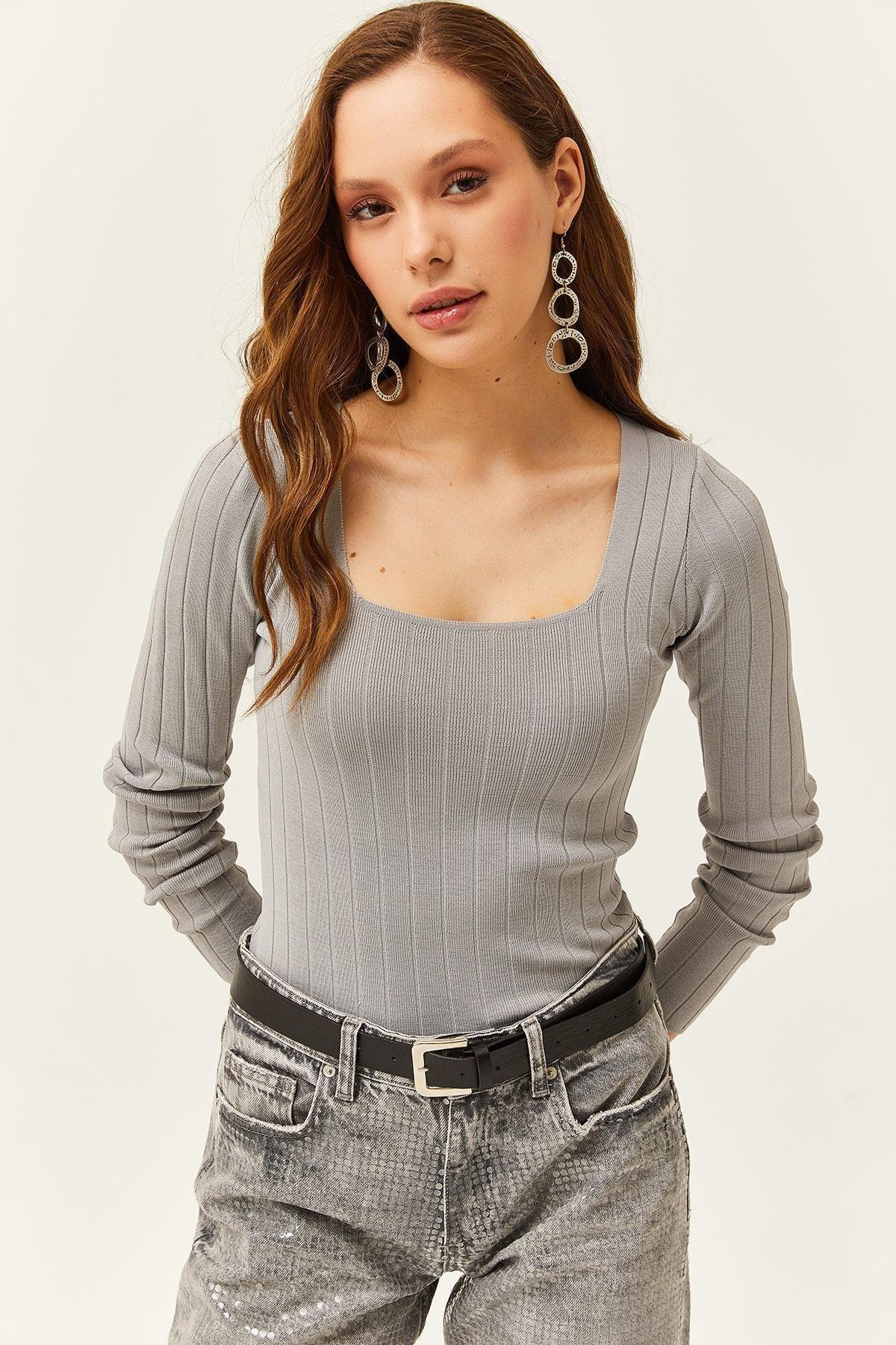 Gray Square Neck Collared Ribbed Blouse, C101_1653, large image number 0