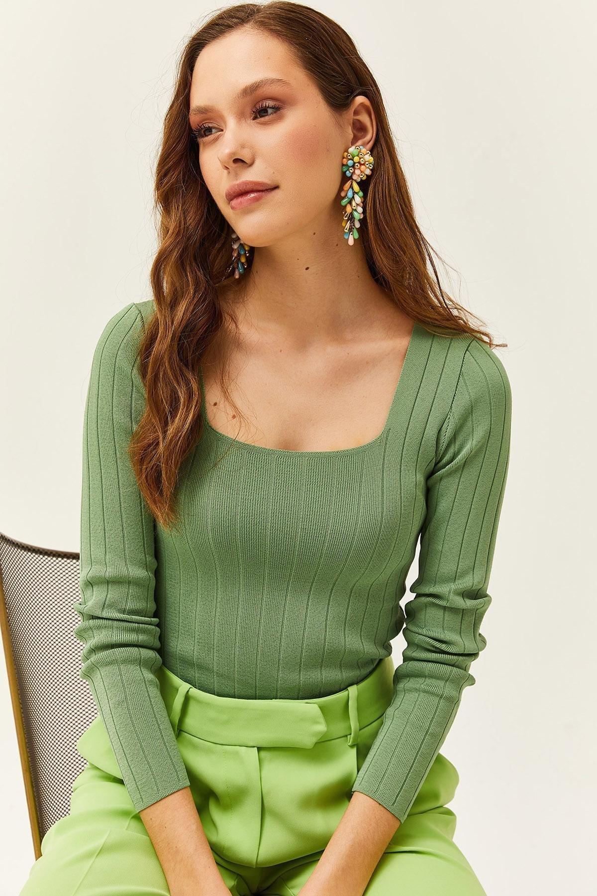 Green Square Neck Thick Ribbed Blouse, C101_2444, large image number 0