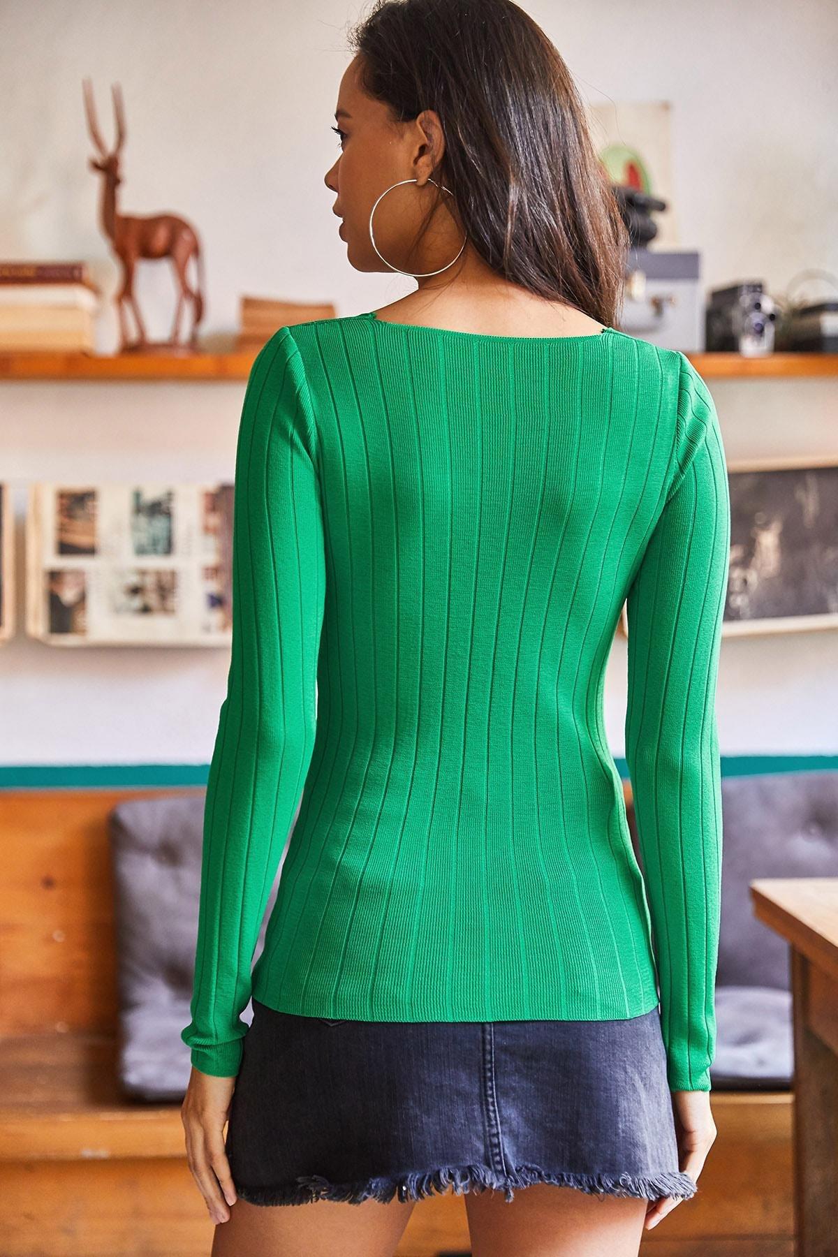 Green Square Collar Thick Corded Sweater, Green, large image number 4