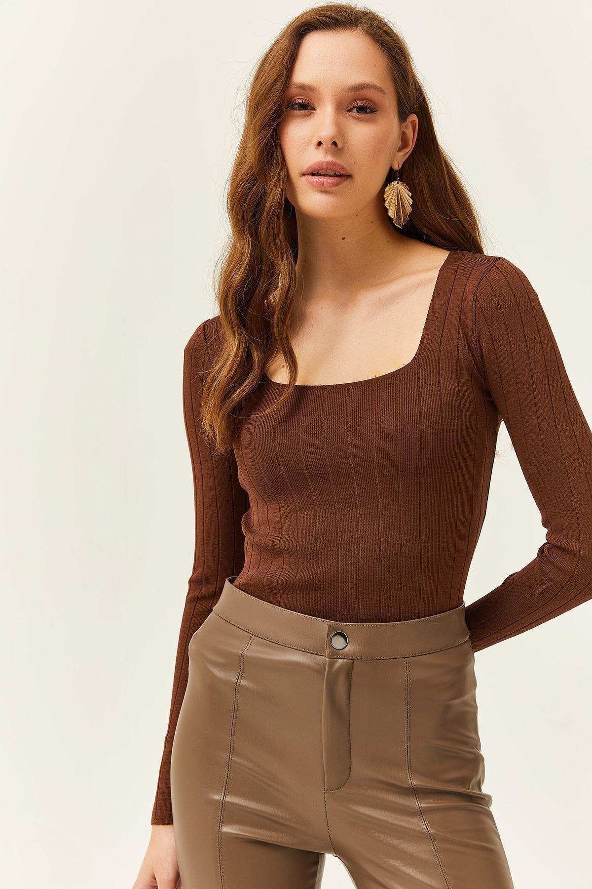 Brown Square Collar Thick Ribbed Blouse, Bitter Brown, large image number 0