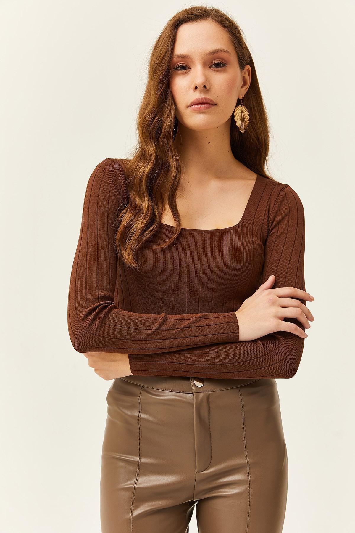 Brown Square Collar Thick Ribbed Blouse, Bitter Brown, large image number 1