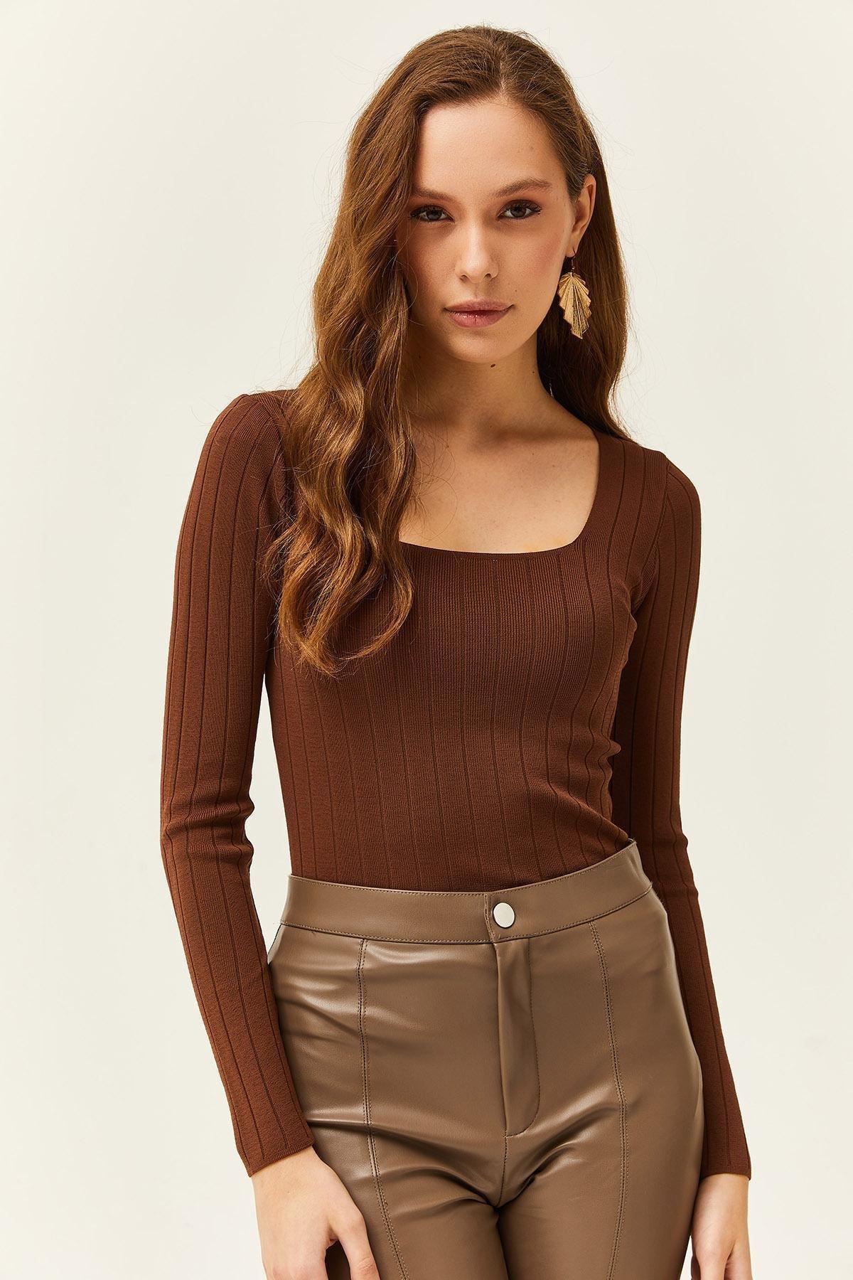 Brown Square Collar Thick Ribbed Blouse, Bitter Brown, large image number 2