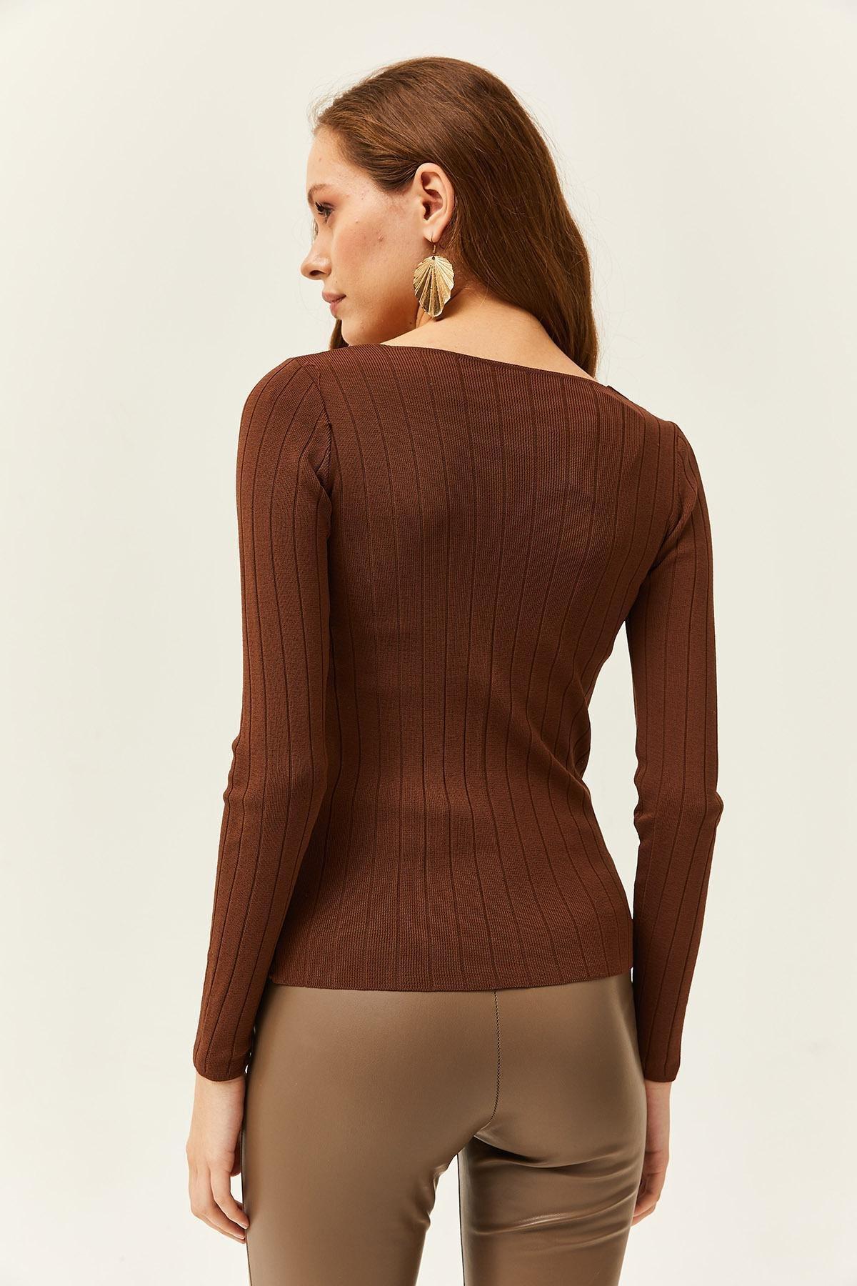 Brown Square Collar Thick Ribbed Blouse, Bitter Brown, large image number 3