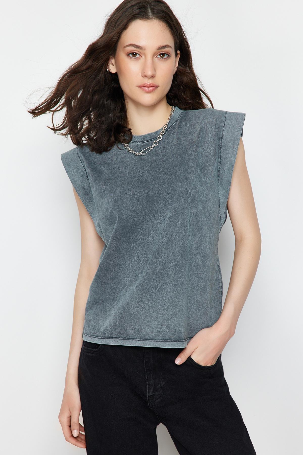 Grey Sleeveless Knitted T-Shirt, , large image number 0