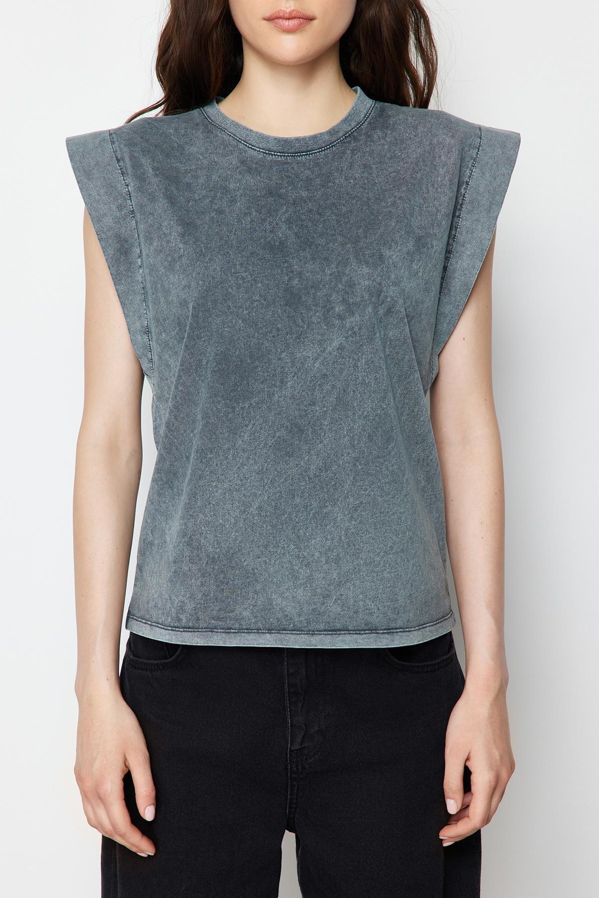 Grey Sleeveless Knitted T-Shirt, , large image number 2