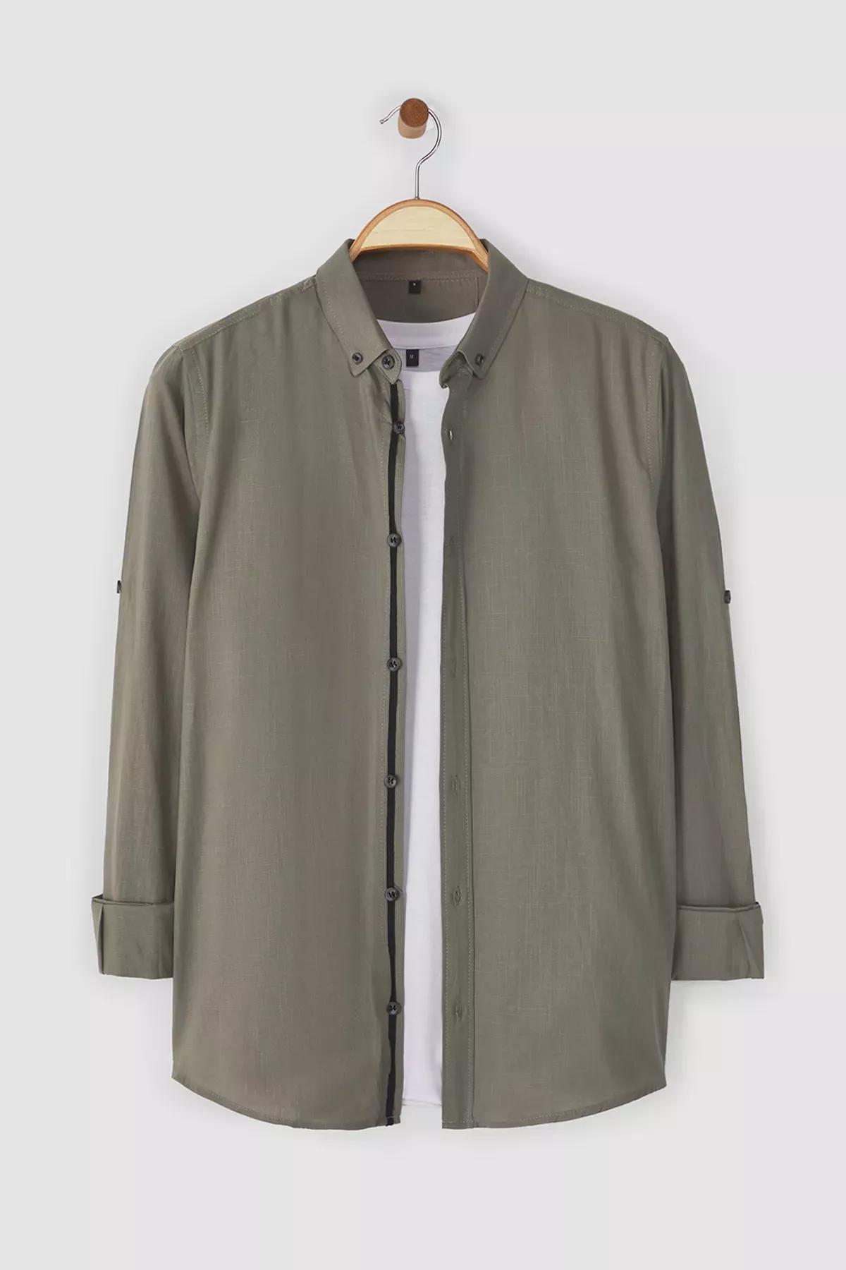 Dark Button-down Collar Epaulette Slim Fit Long Sleeve 100% Cotton Linen Look Shirt TMNSS20GO0189, Dark Khaki, large image number 0