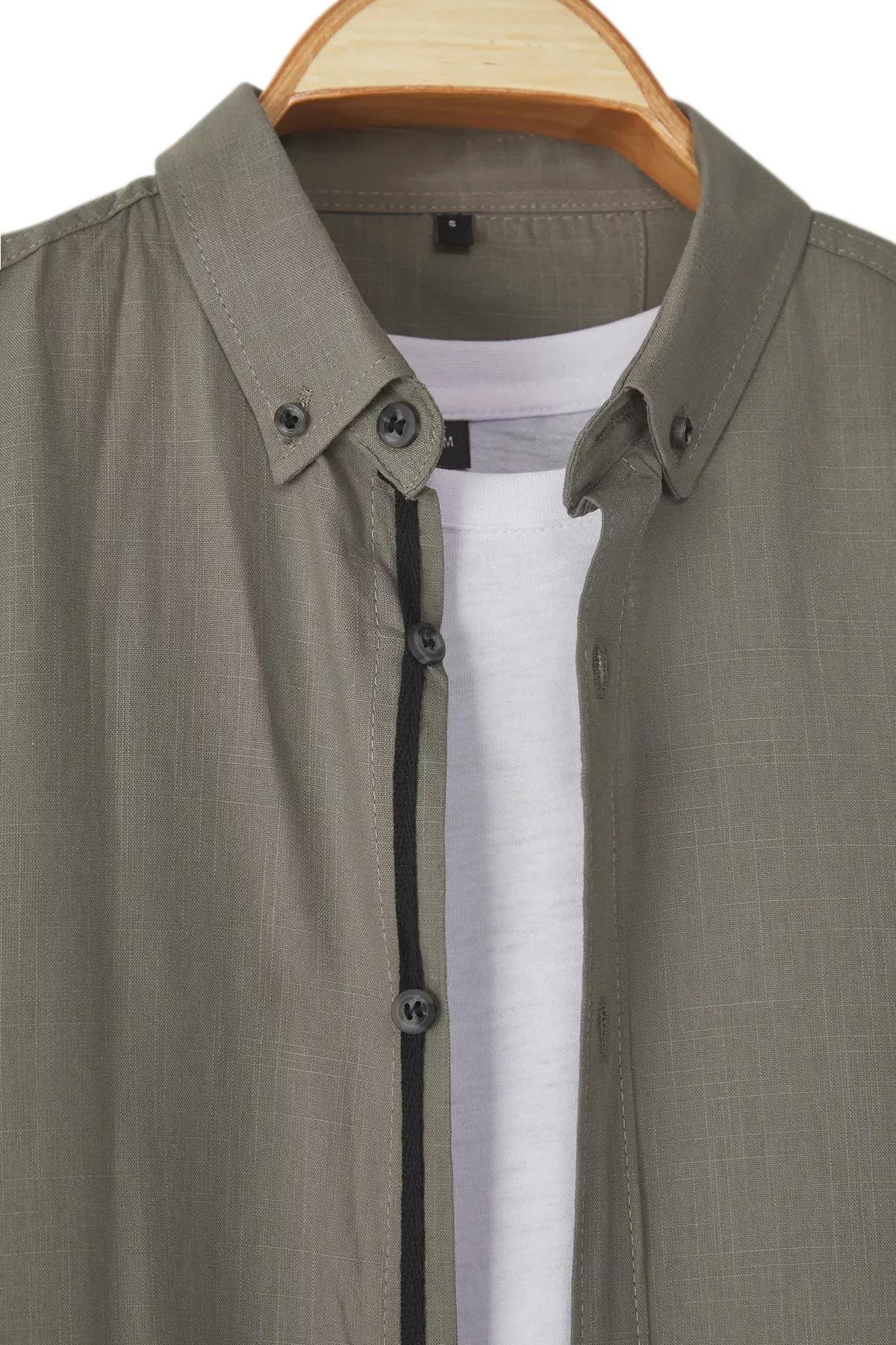 Dark Button-down Collar Epaulette Slim Fit Long Sleeve 100% Cotton Linen Look Shirt TMNSS20GO0189, Dark Khaki, large image number 1
