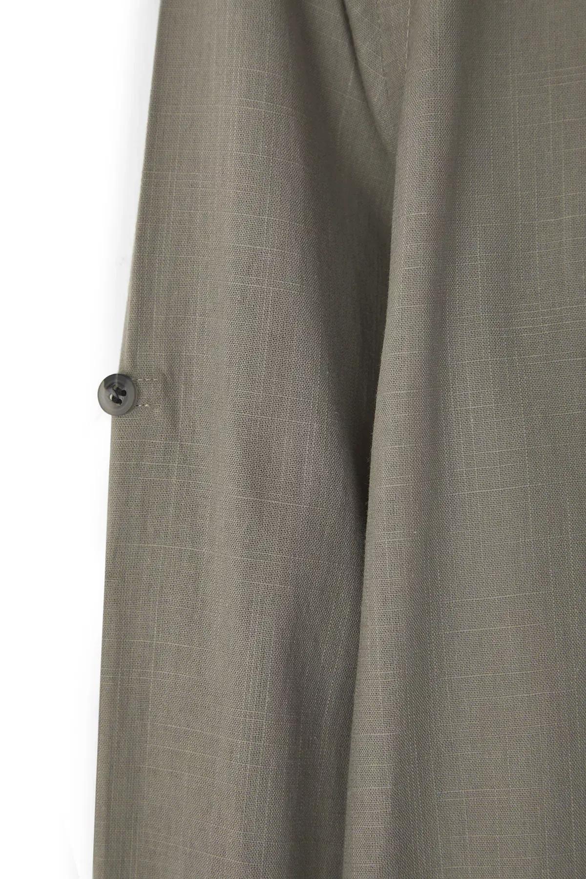 Dark Button-down Collar Epaulette Slim Fit Long Sleeve 100% Cotton Linen Look Shirt TMNSS20GO0189, Dark Khaki, medium