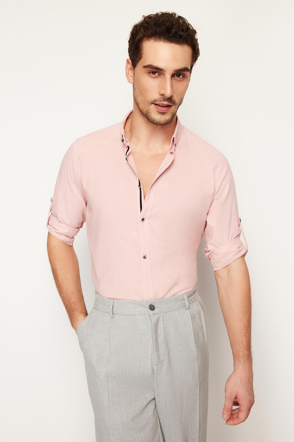 Pink Slim Buttoned Collared Epaulette Cotton Shirt, LIGHT PINK, large image number 0