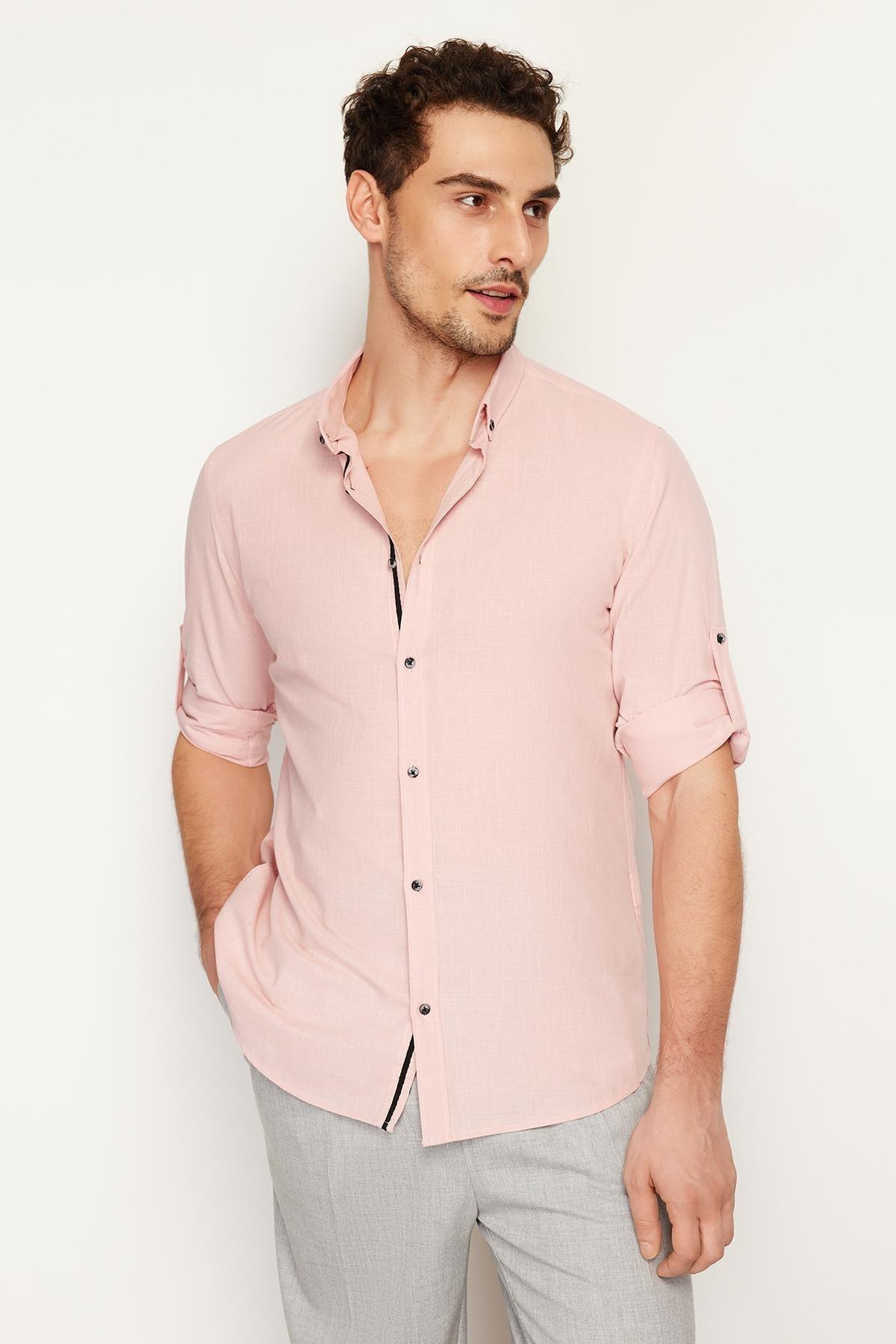 Pink Slim Buttoned Collared Epaulette Cotton Shirt, LIGHT PINK, large image number 2