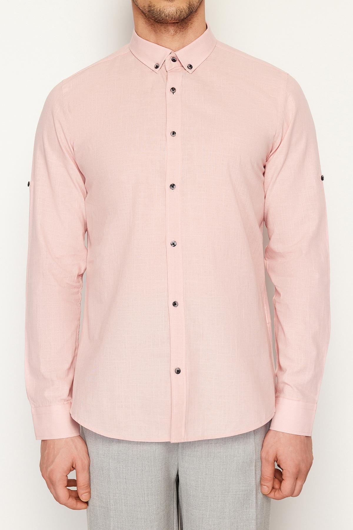 Pink Slim Buttoned Collared Epaulette Cotton Shirt, LIGHT PINK, large image number 4