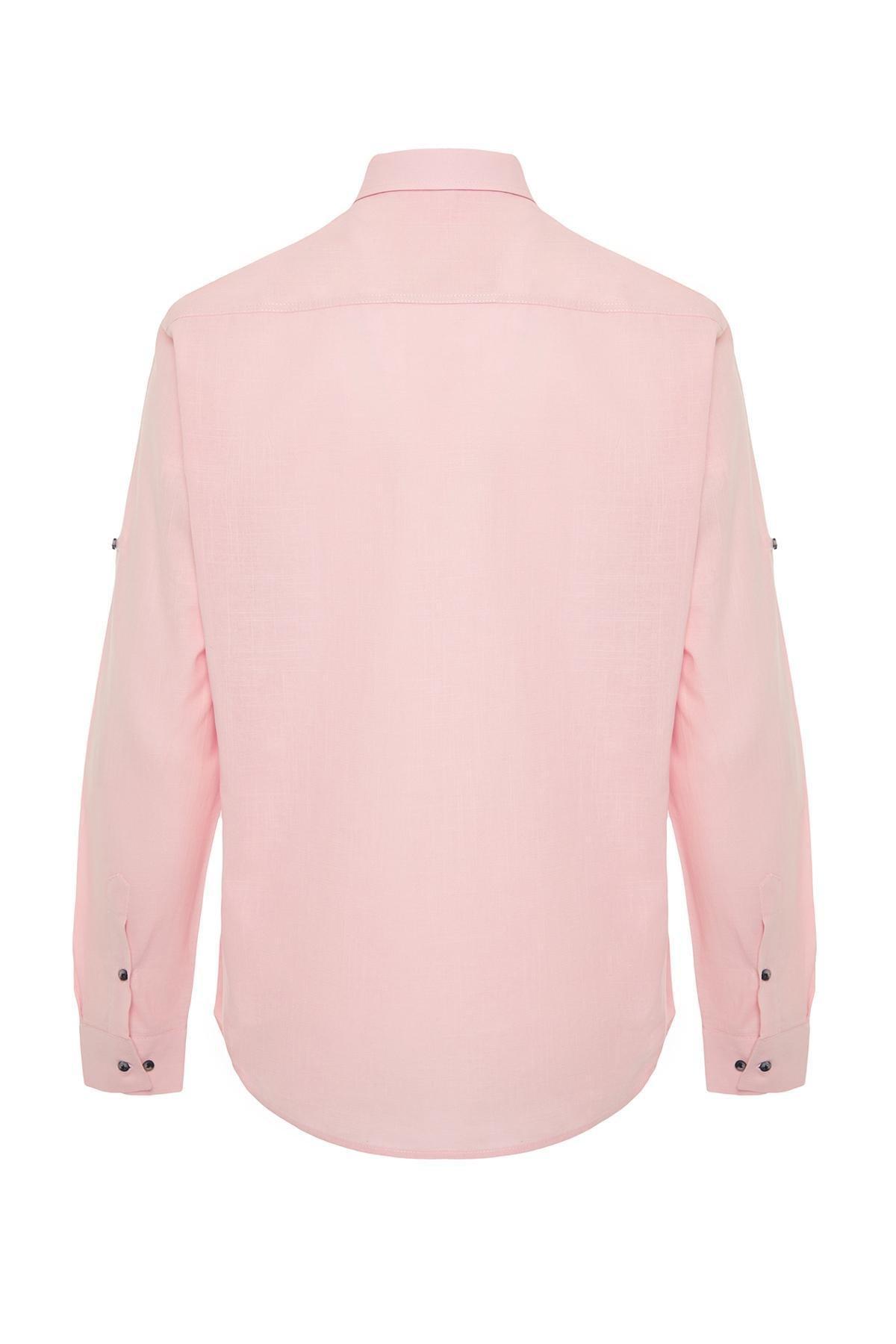 Pink Slim Buttoned Collared Epaulette Cotton Shirt, LIGHT PINK, large image number 5