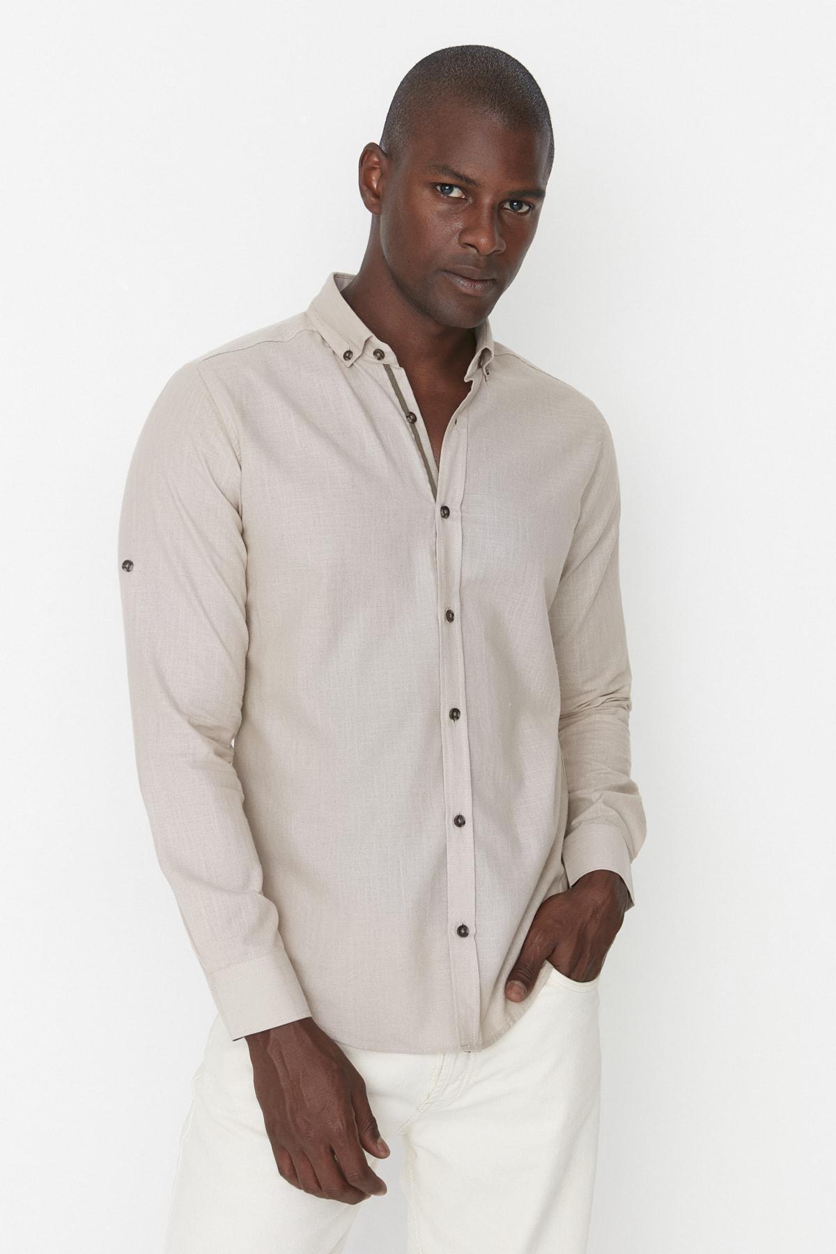 Grey Button Placket Slim Shirt, Gray, medium