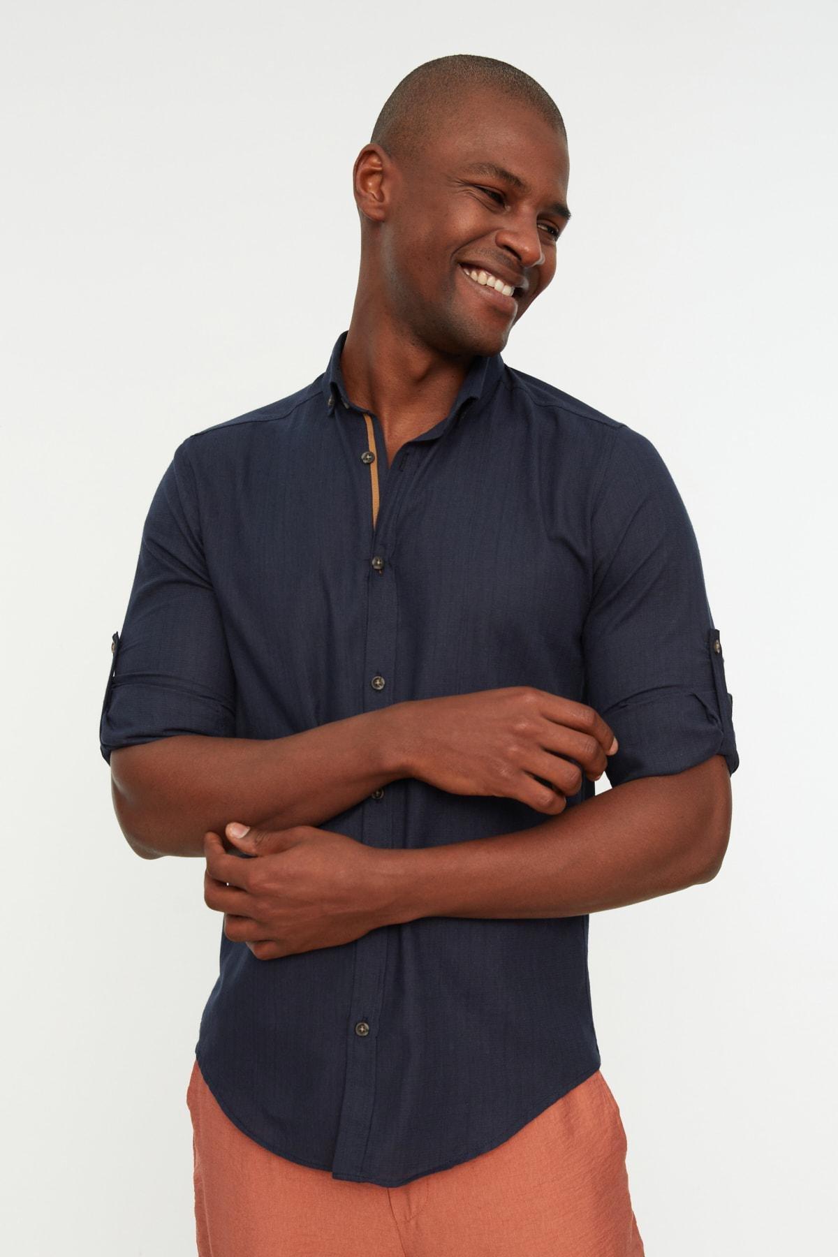 Navy Button Placket Slim Shirt, , large image number 0