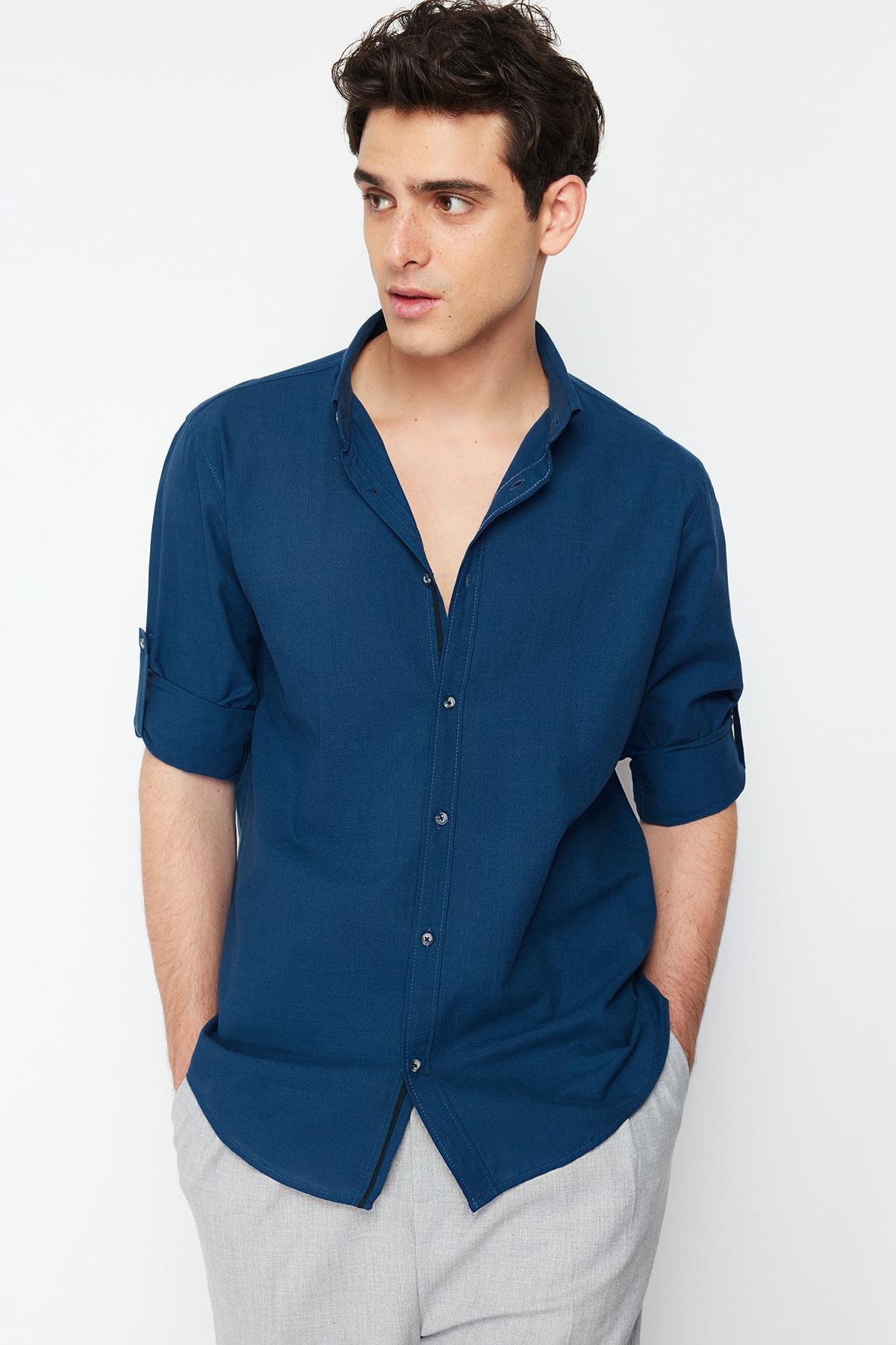 Navy Button Placket Slim Shirt, , large image number 1