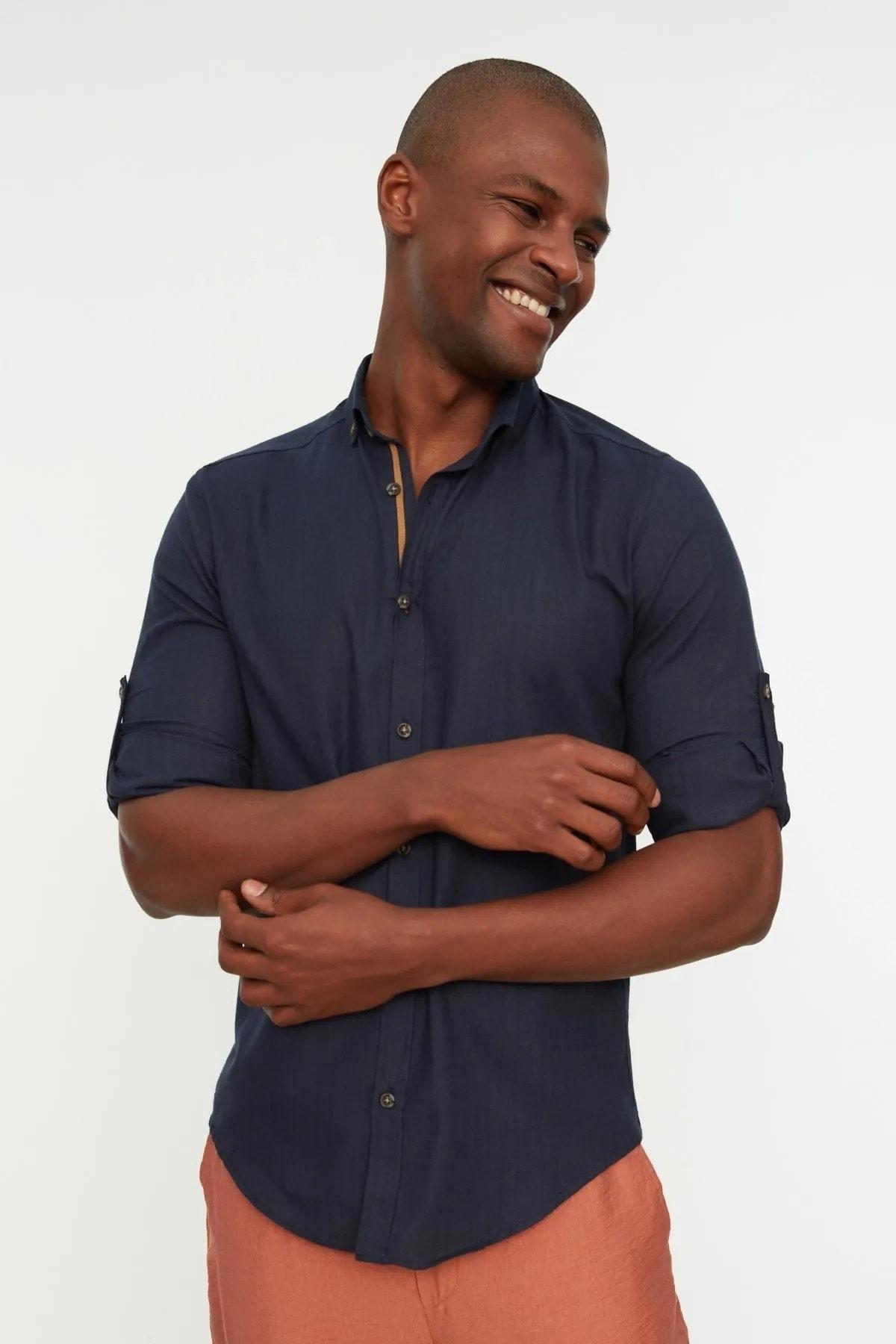 Navy Button Placket Slim Shirt, , large image number 2
