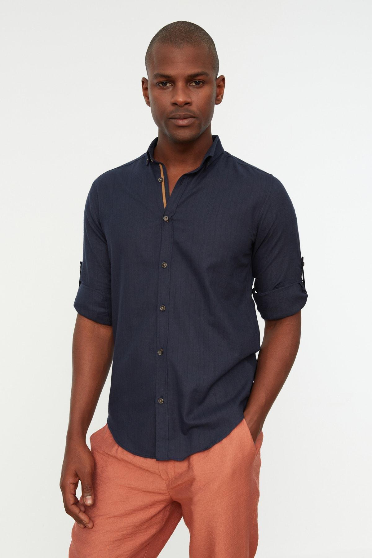 Navy Button Placket Slim Shirt, , large image number 3