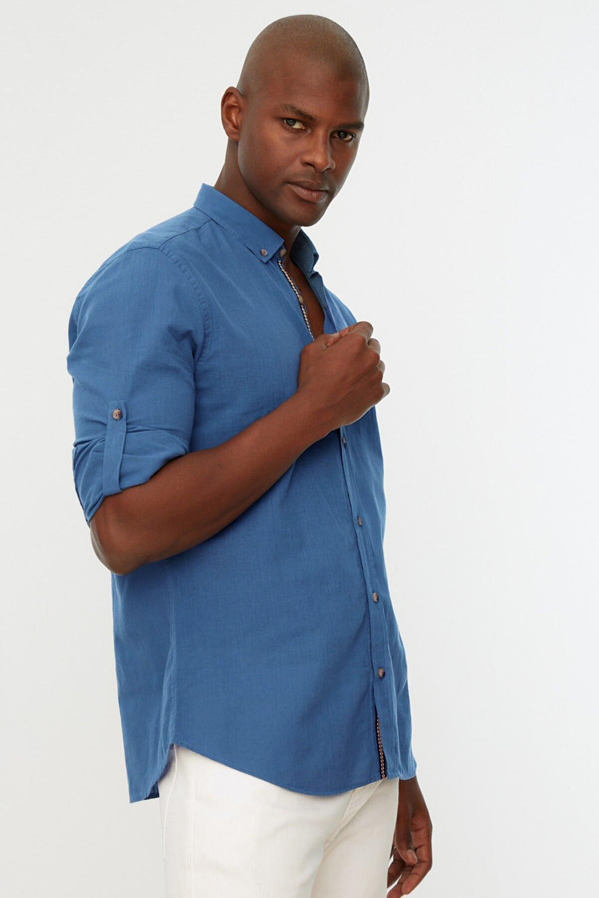 Navy Button Placket Slim Shirt, , large image number 4