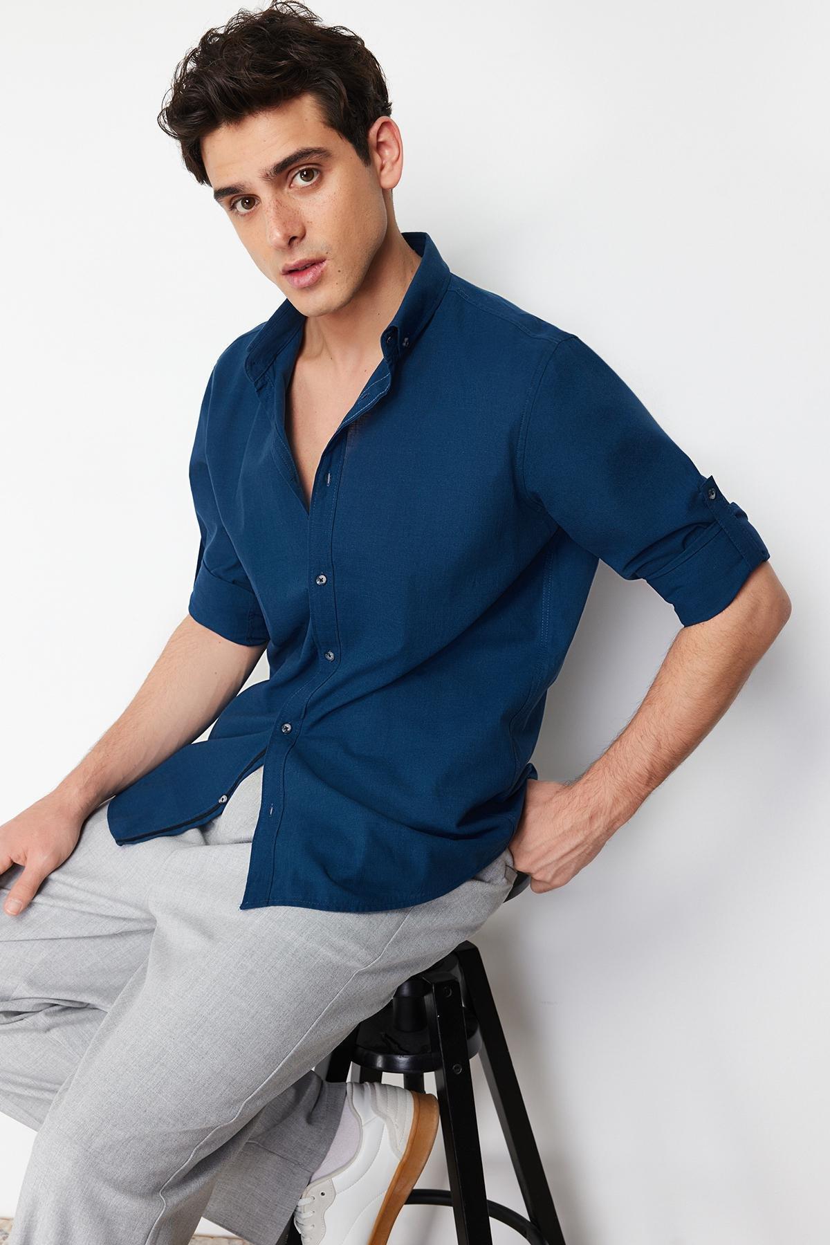 Navy Button Placket Slim Shirt, , large image number 5