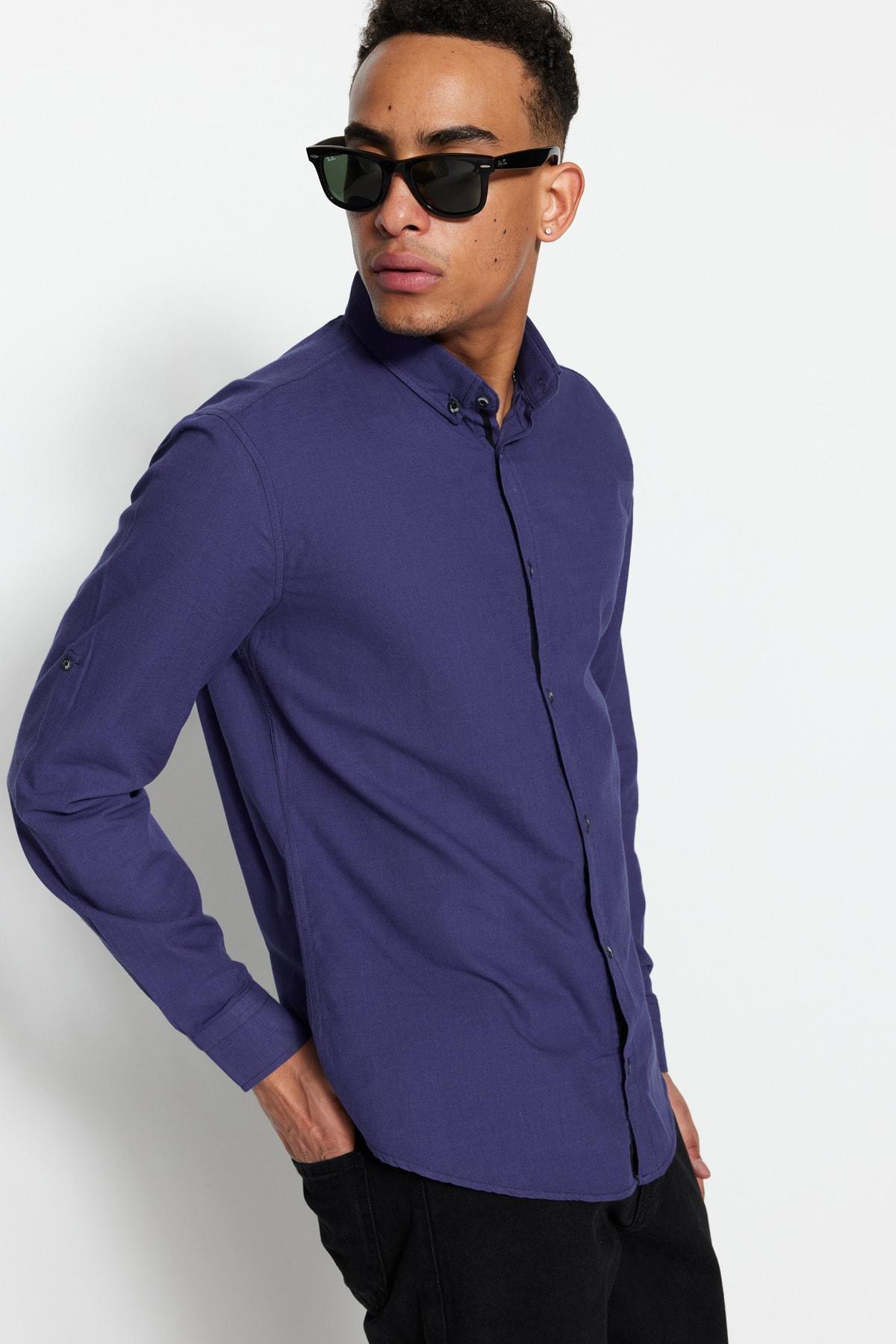 Navy Button Placket Slim Shirt, , large image number 6