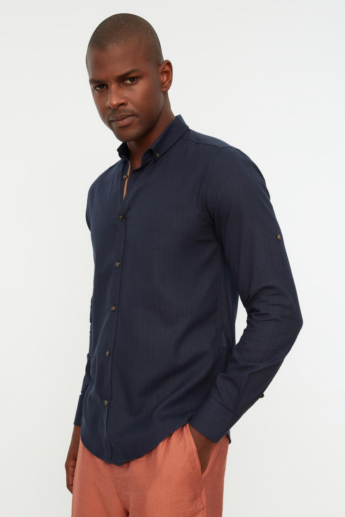 Navy Button Placket Slim Shirt, , large image number 7