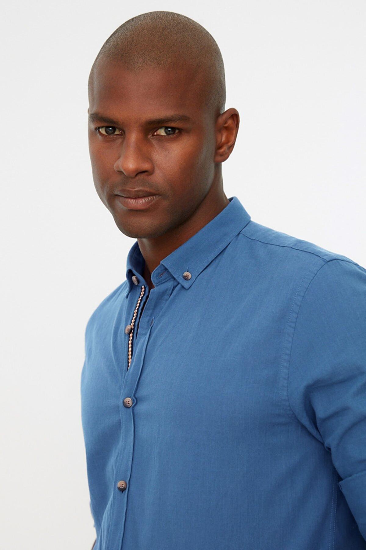 Navy Button Placket Slim Shirt, , large image number 8