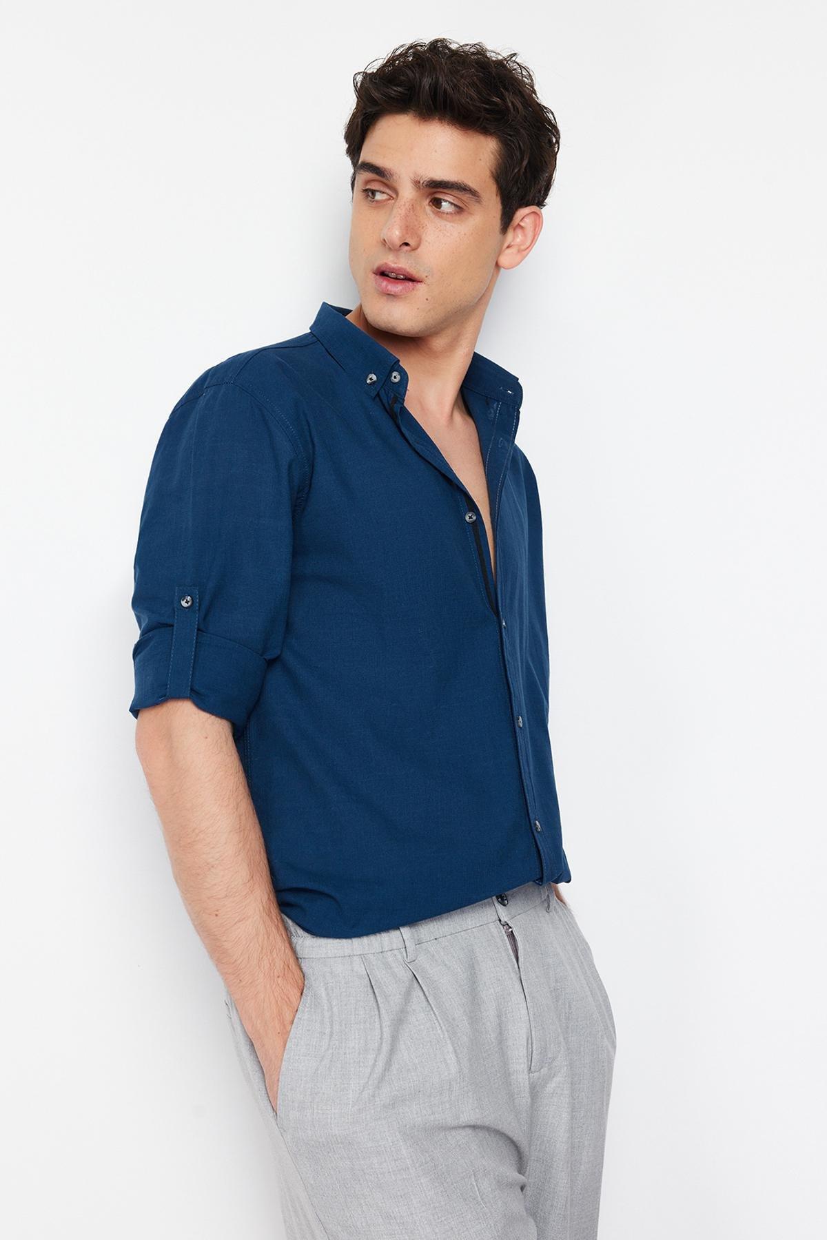 Navy Button Placket Slim Shirt, , large image number 9