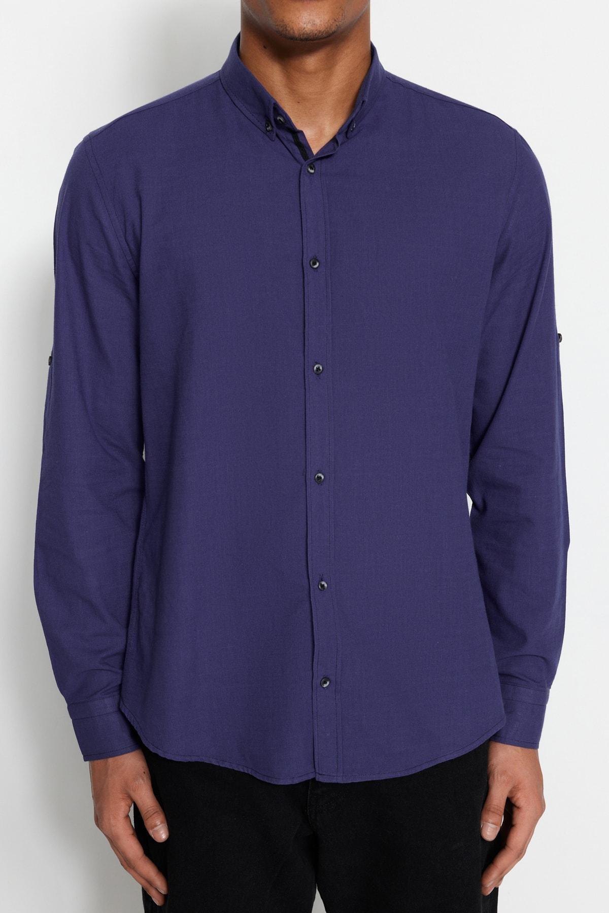 Navy Button Placket Slim Shirt, , large image number 10