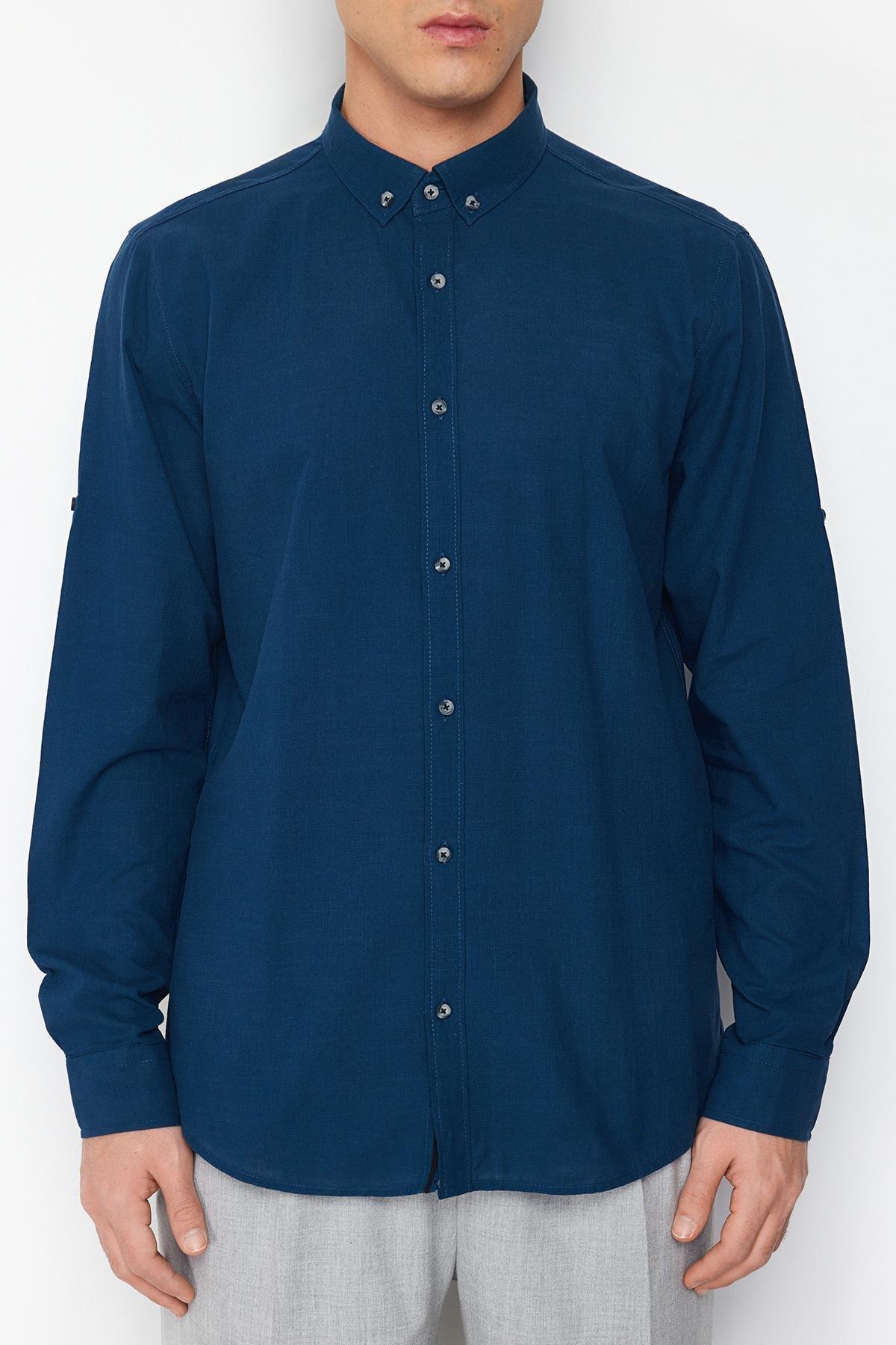 Navy Button Placket Slim Shirt, , large image number 13