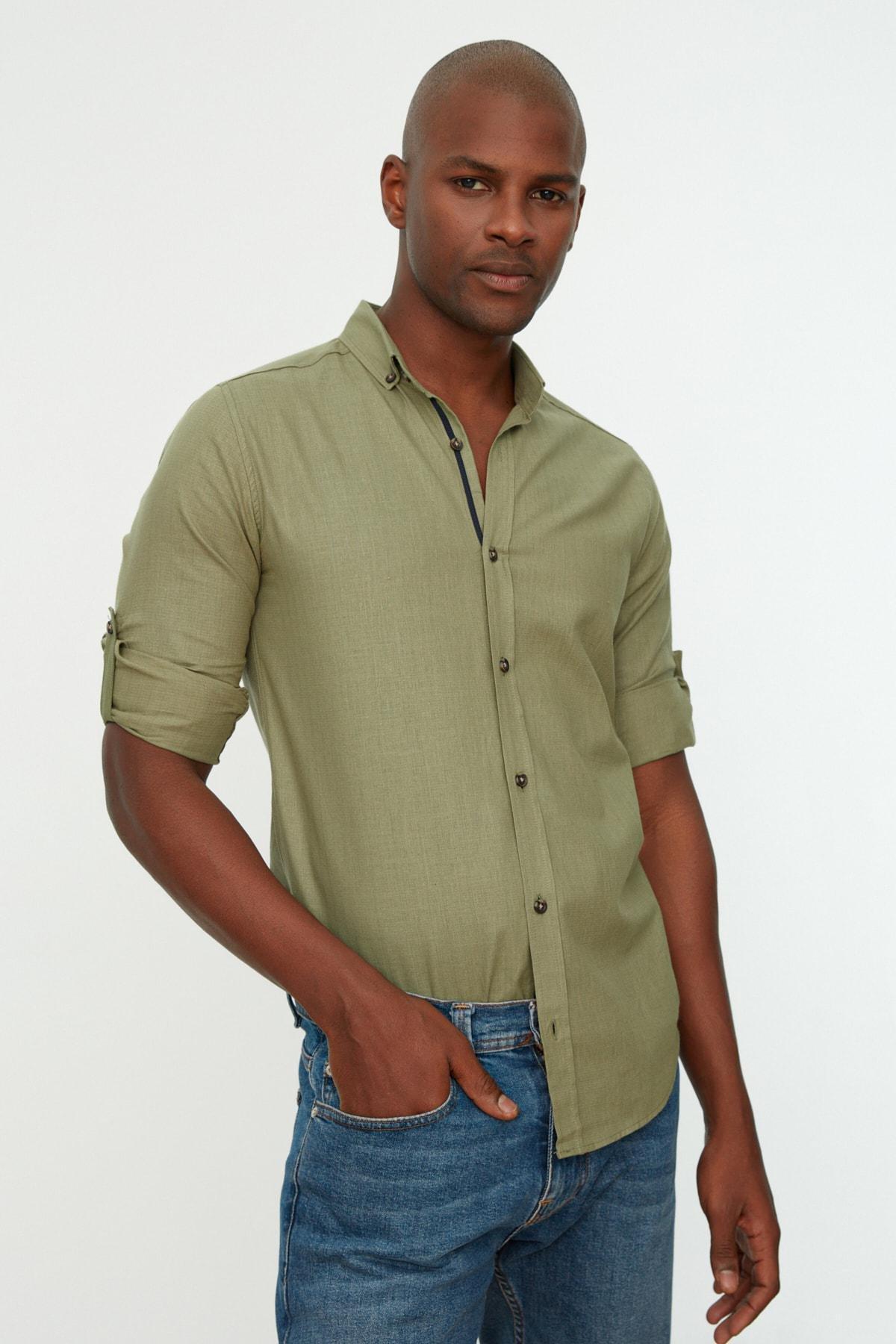 Green Button Placket Slim Shirt, , medium