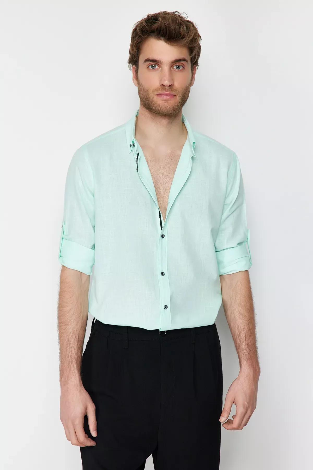 Green Button Placket Slim Shirt, , large image number 3