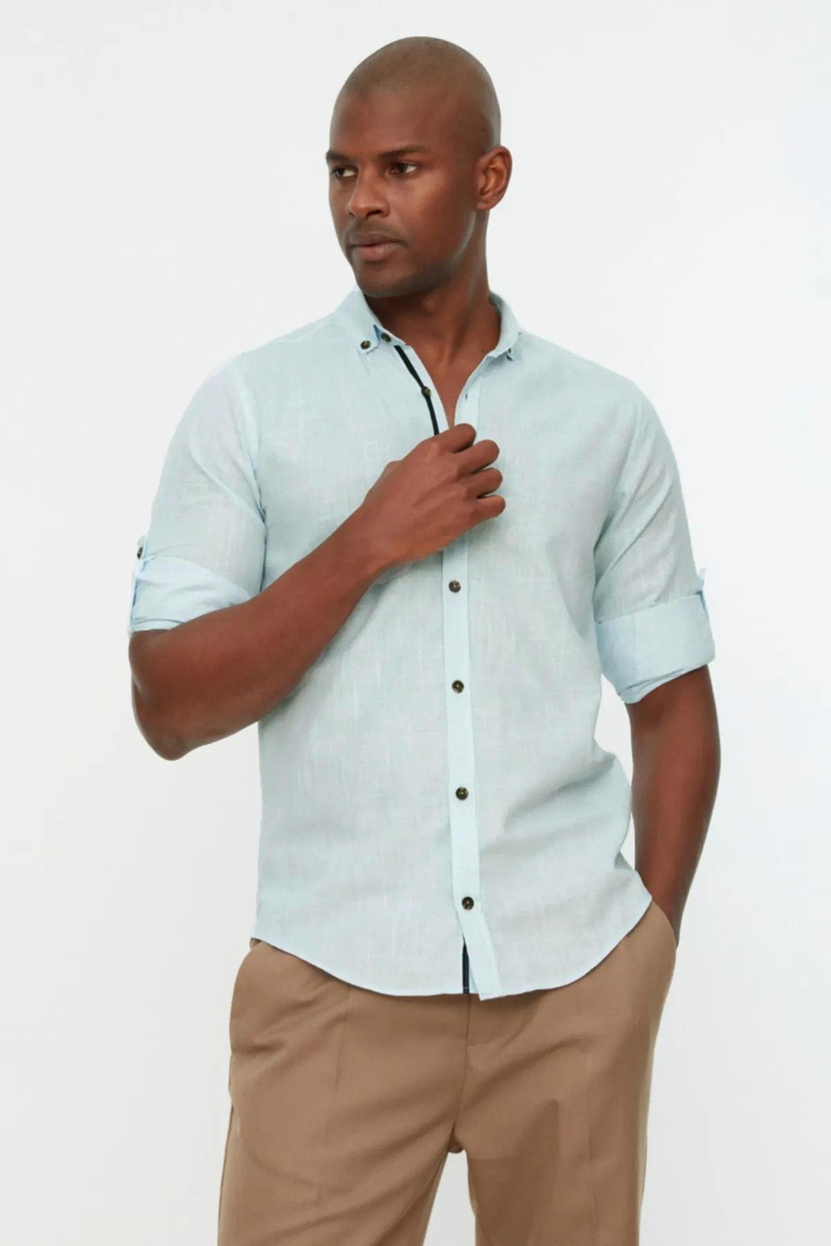Green Button Placket Slim Shirt, , large image number 4