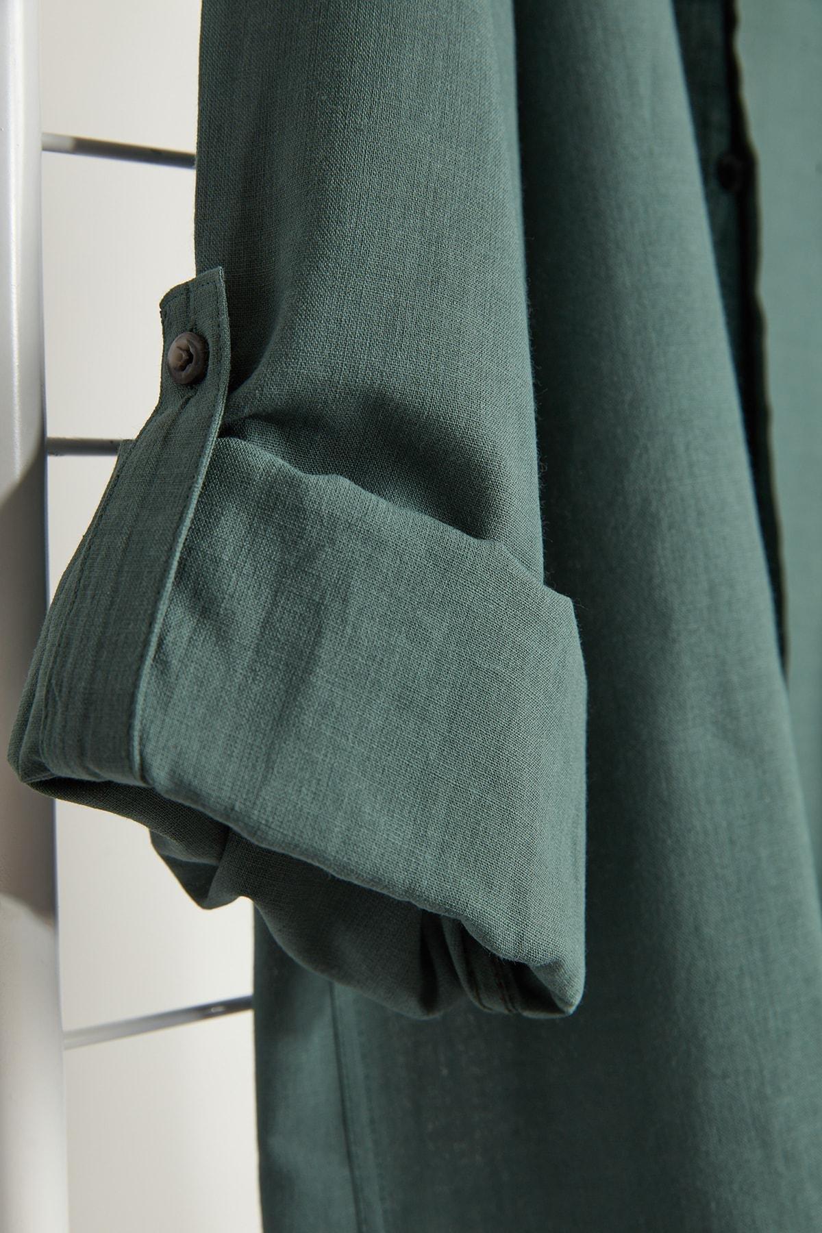Green Button Placket Slim Shirt, , large image number 5