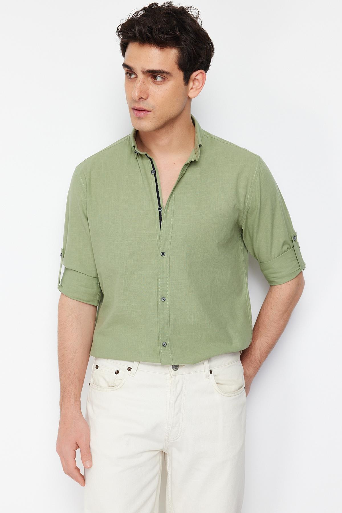 Green Button Placket Slim Shirt, , large image number 6