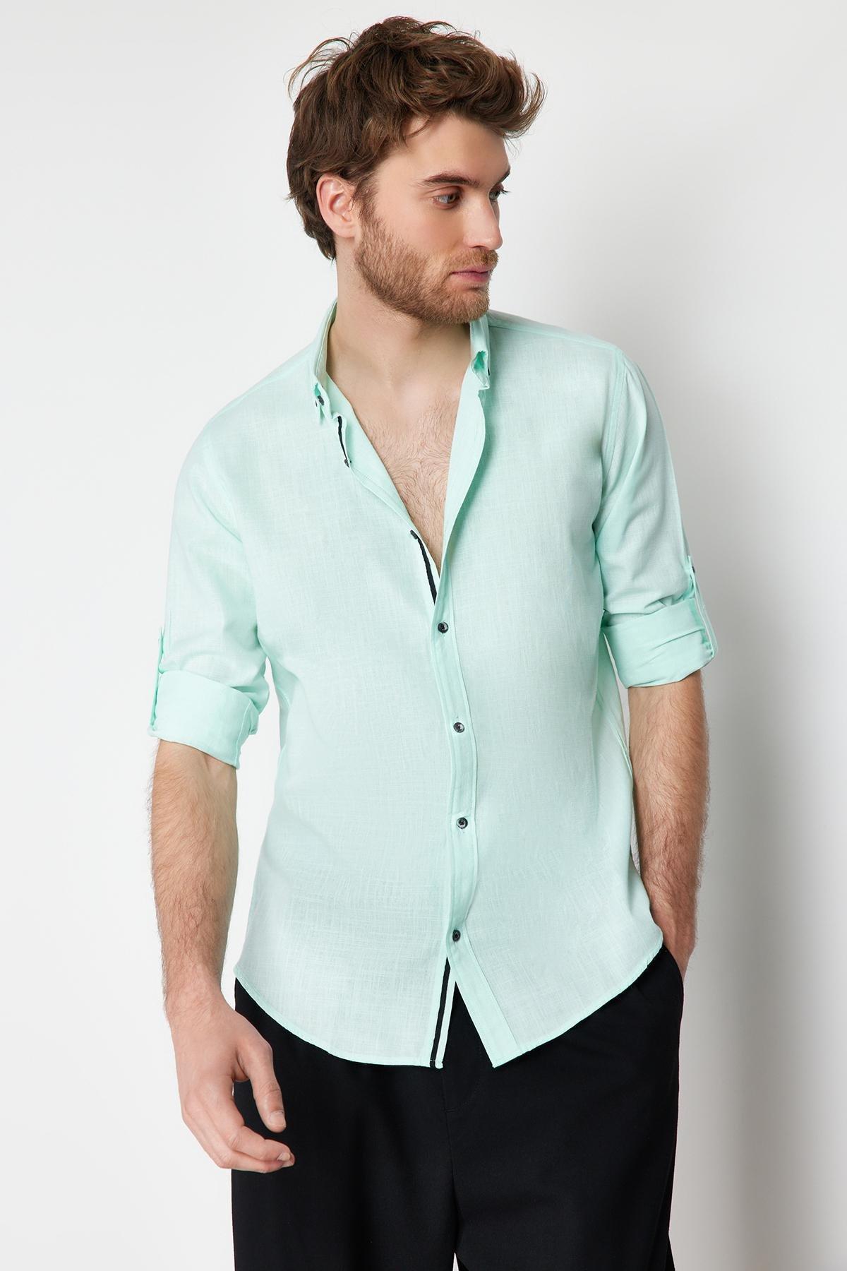 Green Button Placket Slim Shirt, , large image number 7
