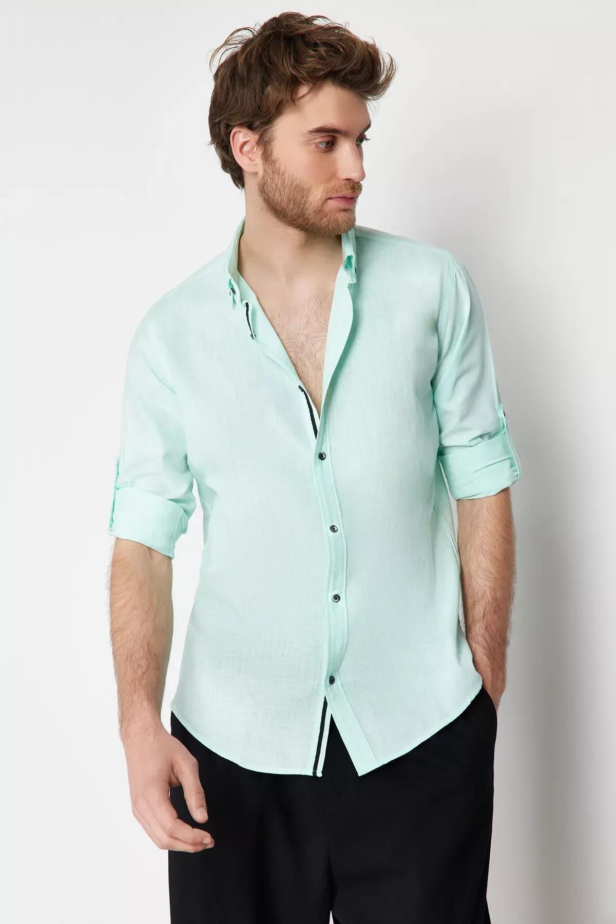 Green Button Placket Slim Shirt, , large image number 7