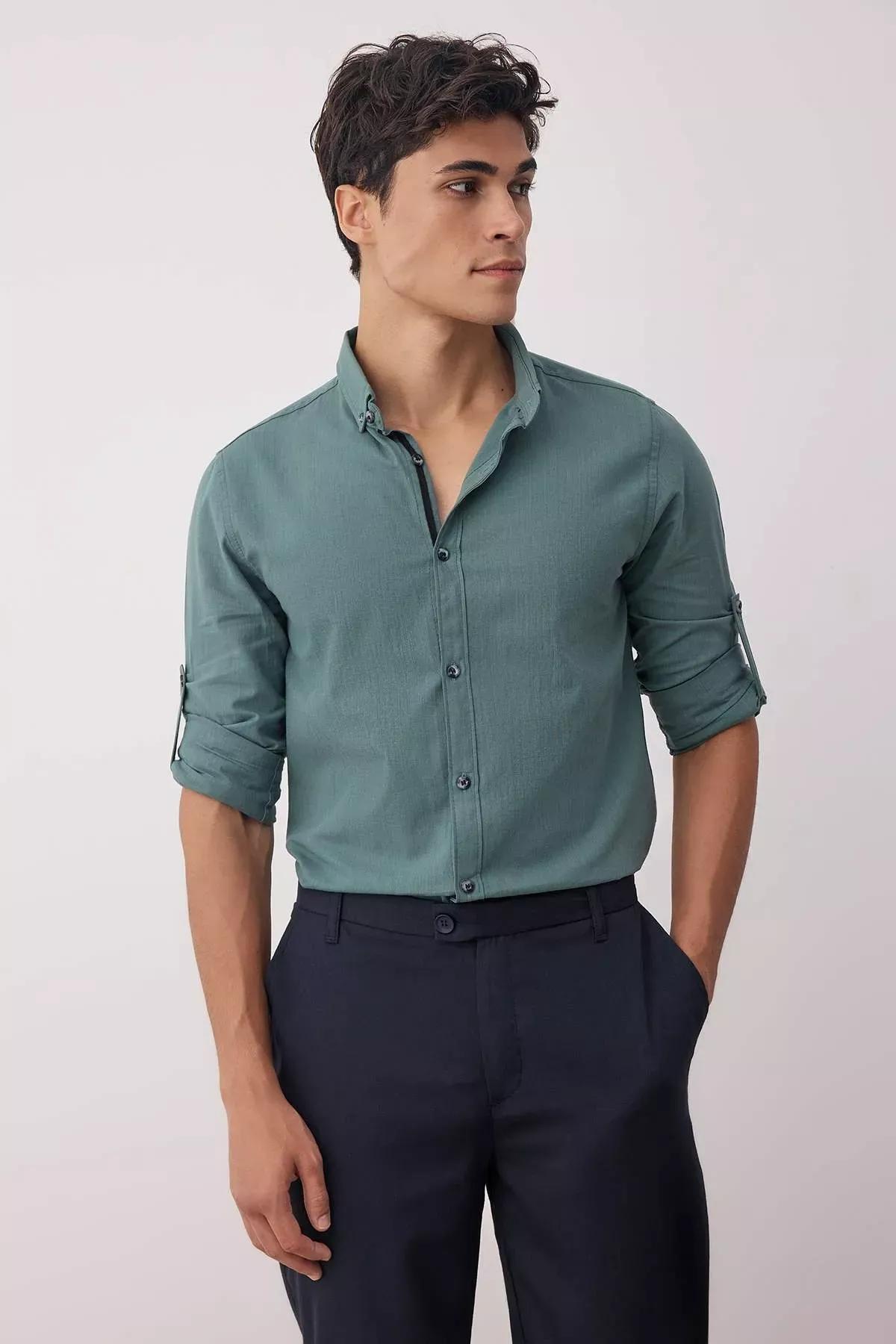 Green Button Placket Slim Shirt, , large image number 8