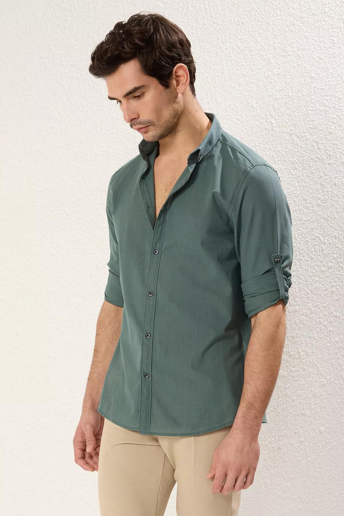 Green Button Placket Slim Shirt, , large image number 12