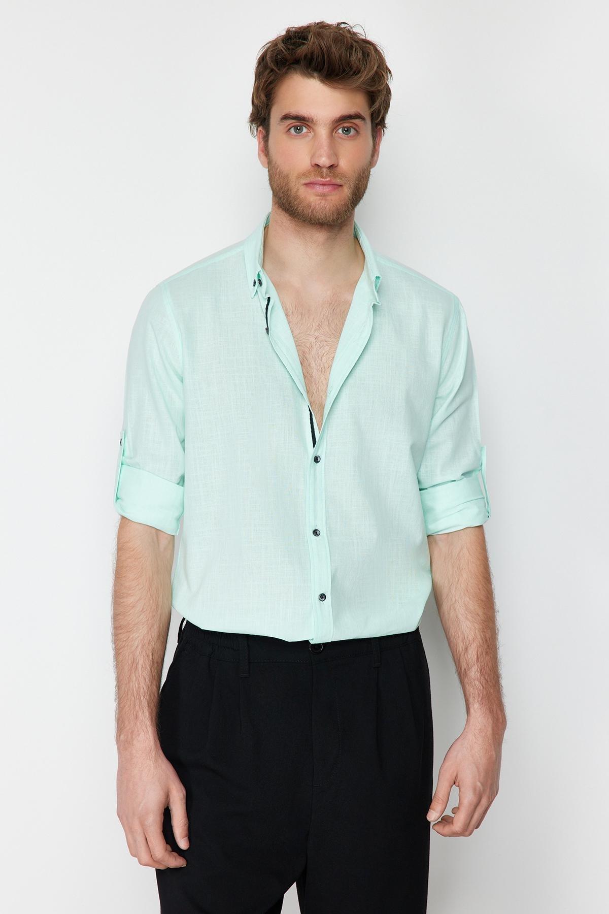 Green Button Placket Slim Shirt, , large image number 13
