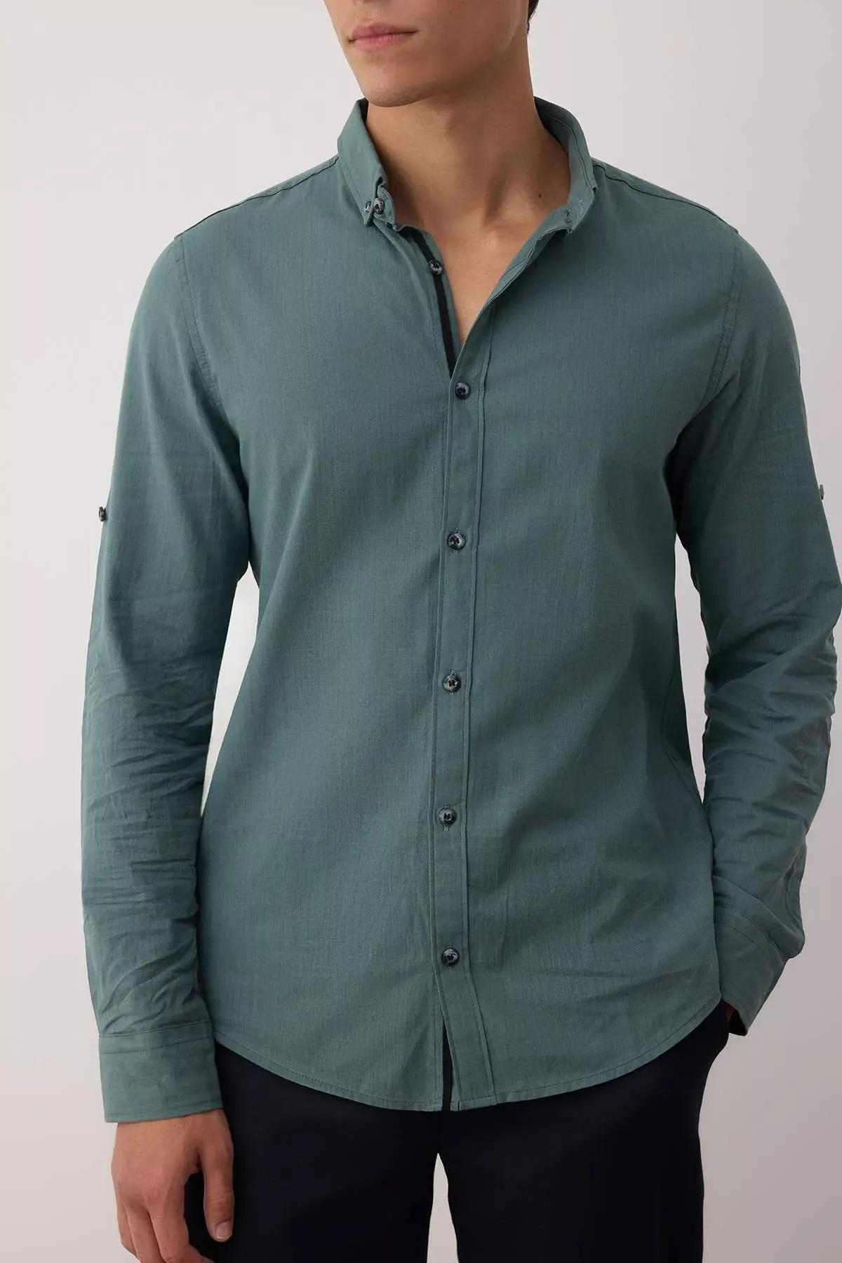 Green Button Placket Slim Shirt, , large image number 13