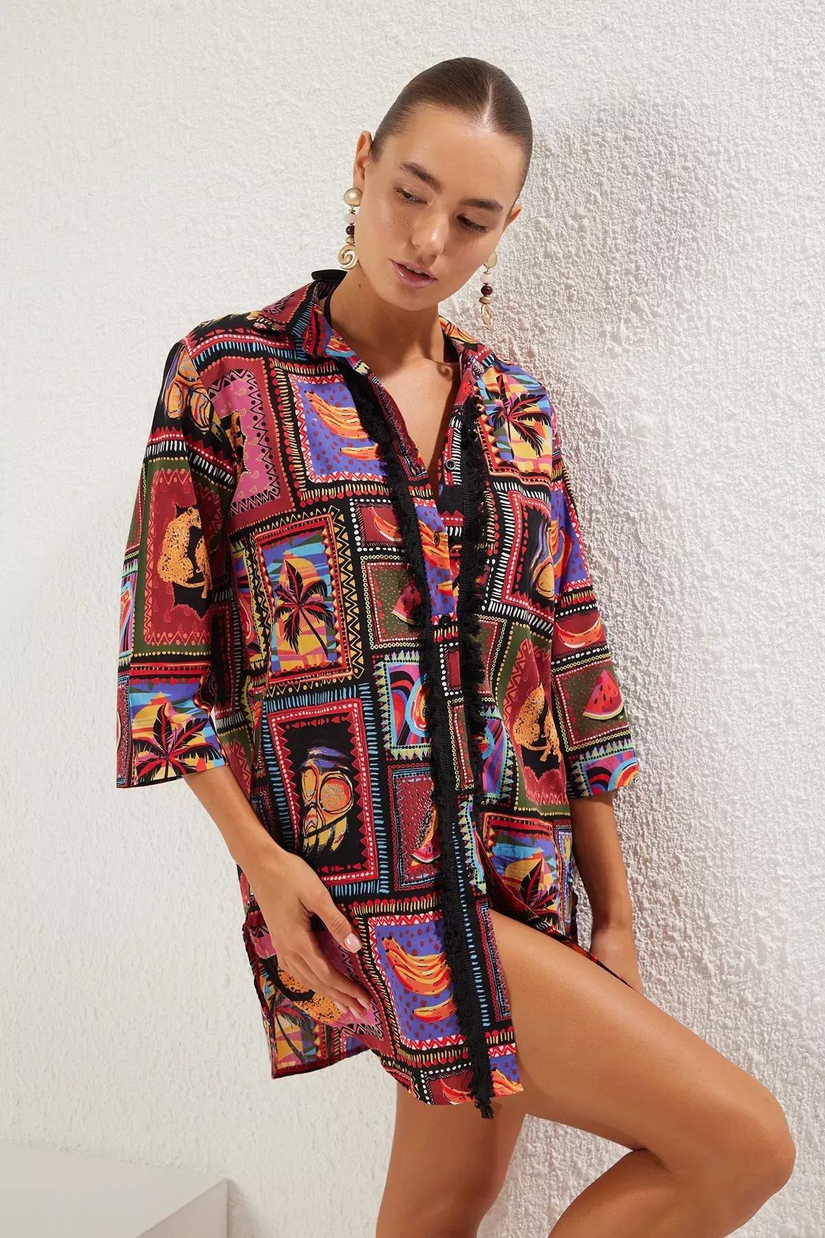 Multicolor Patterned Tassel Shirt, , large image number 1