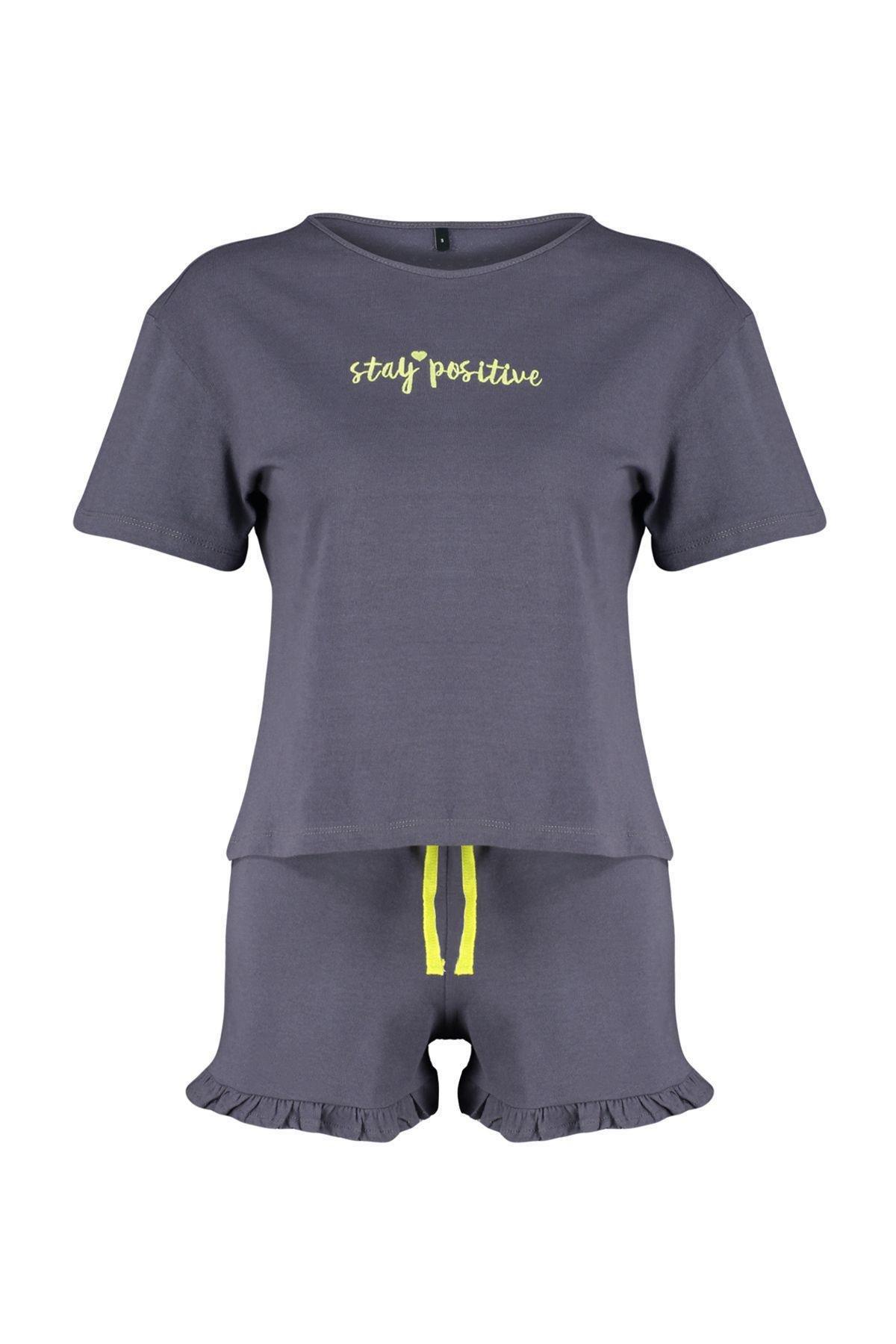 Grey Embroidery Cotton Knitted Pyjamas Set, , large image number 1