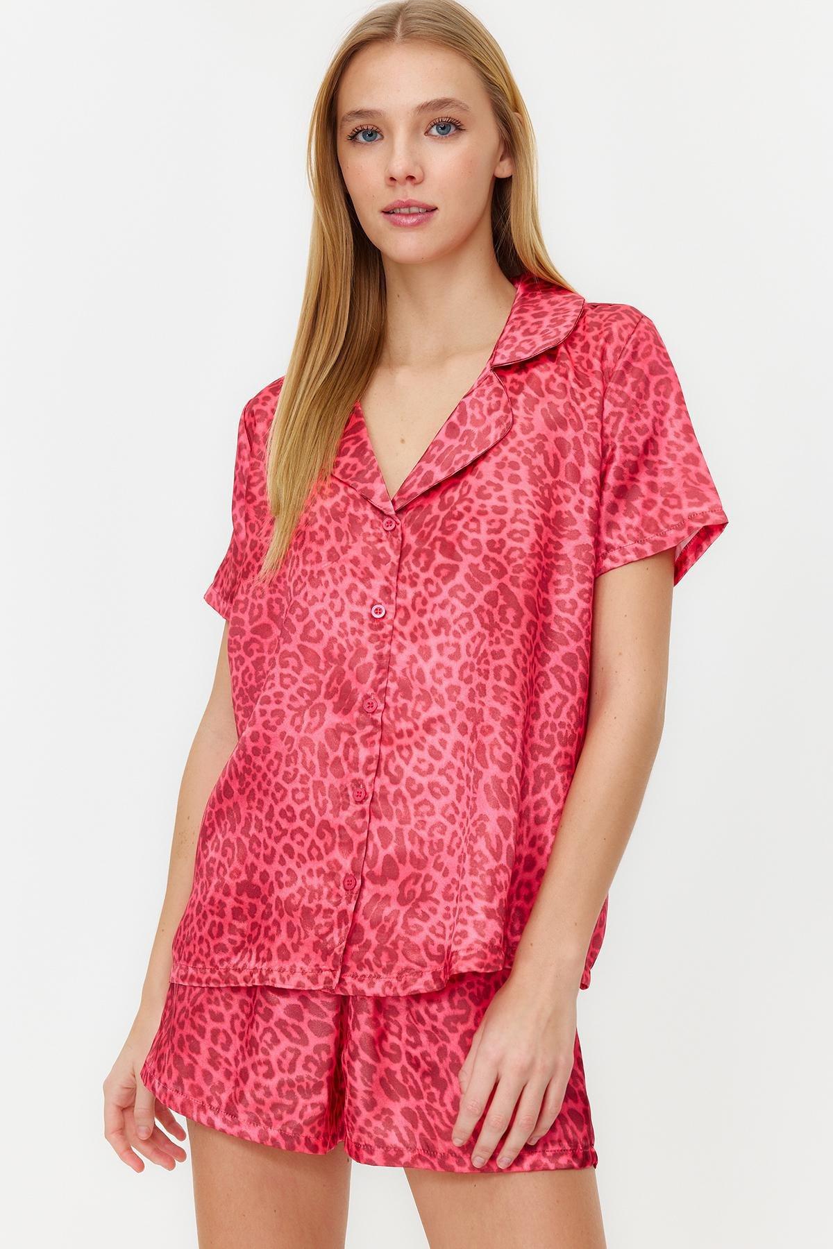 Pink Leopard Pattern Satin Woven Pyjamas Set, Burgundy, large image number 1