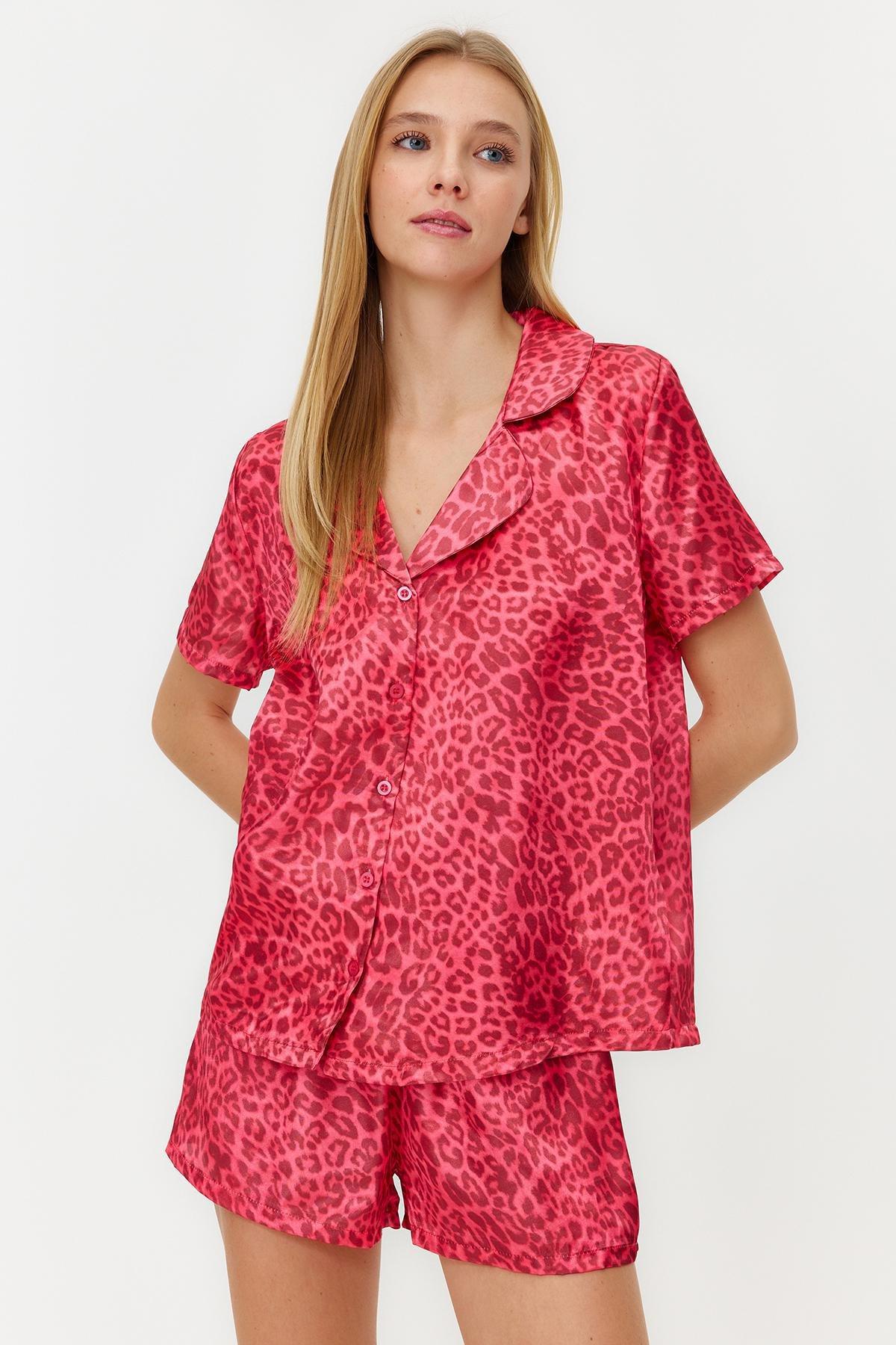 Pink Leopard Pattern Satin Woven Pyjamas Set, Burgundy, large image number 2