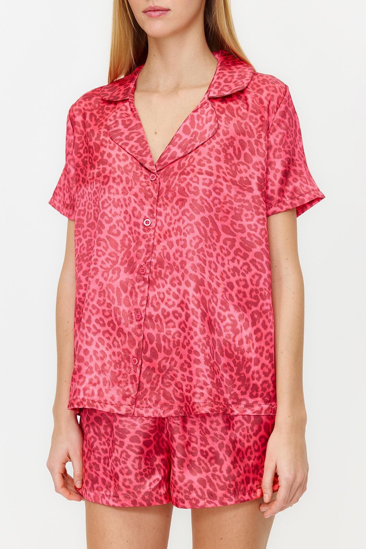 Pink Leopard Pattern Satin Woven Pyjamas Set, Burgundy, large image number 3