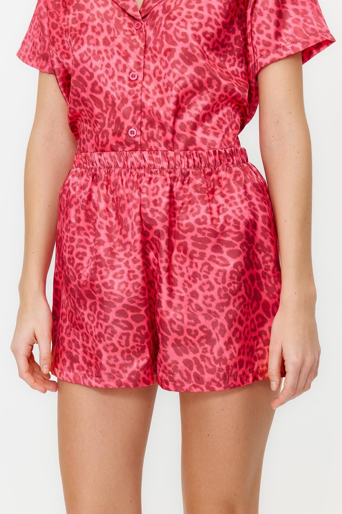 Pink Leopard Pattern Satin Woven Pyjamas Set, Burgundy, large image number 4