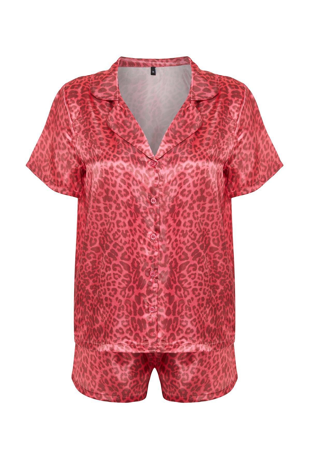 Pink Leopard Pattern Satin Woven Pyjamas Set, Burgundy, large image number 5