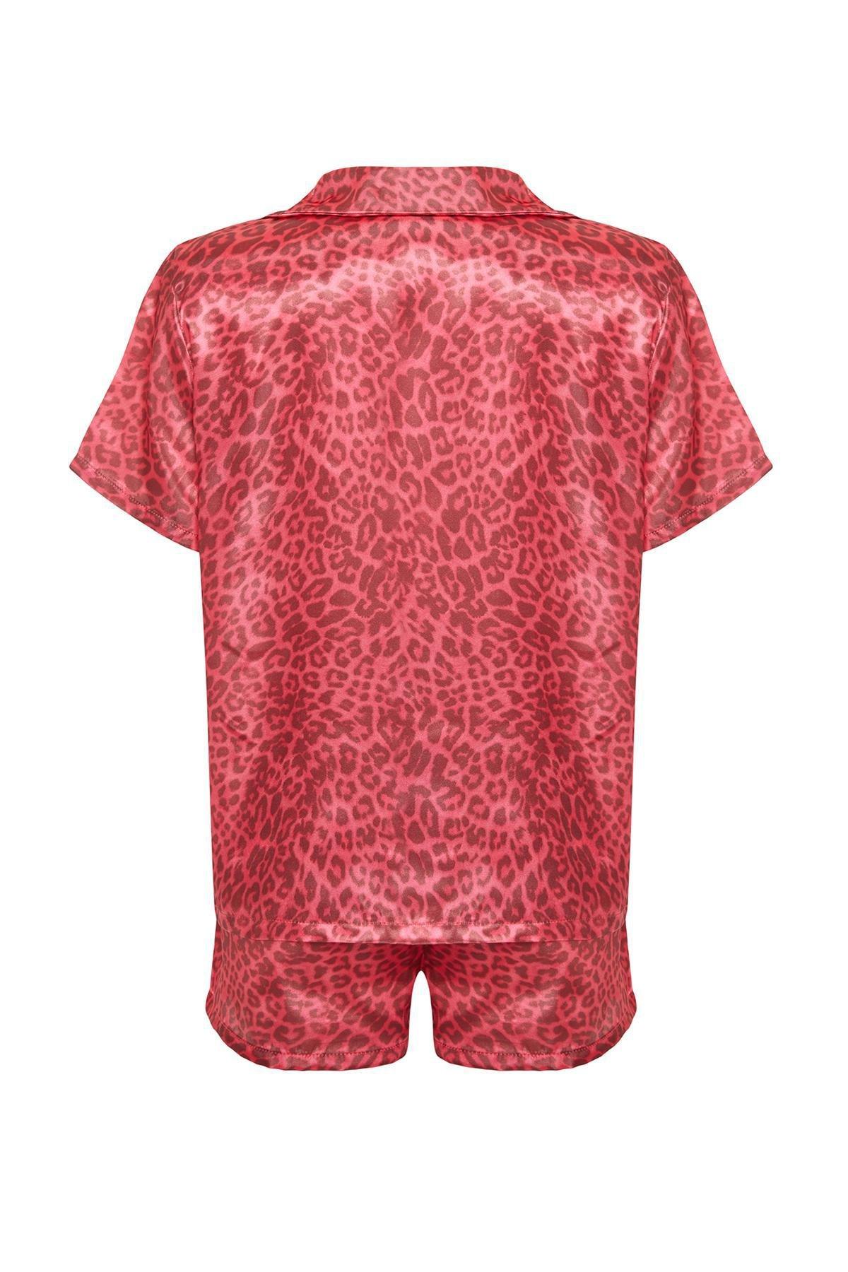 Pink Leopard Pattern Satin Woven Pyjamas Set, Burgundy, large image number 6